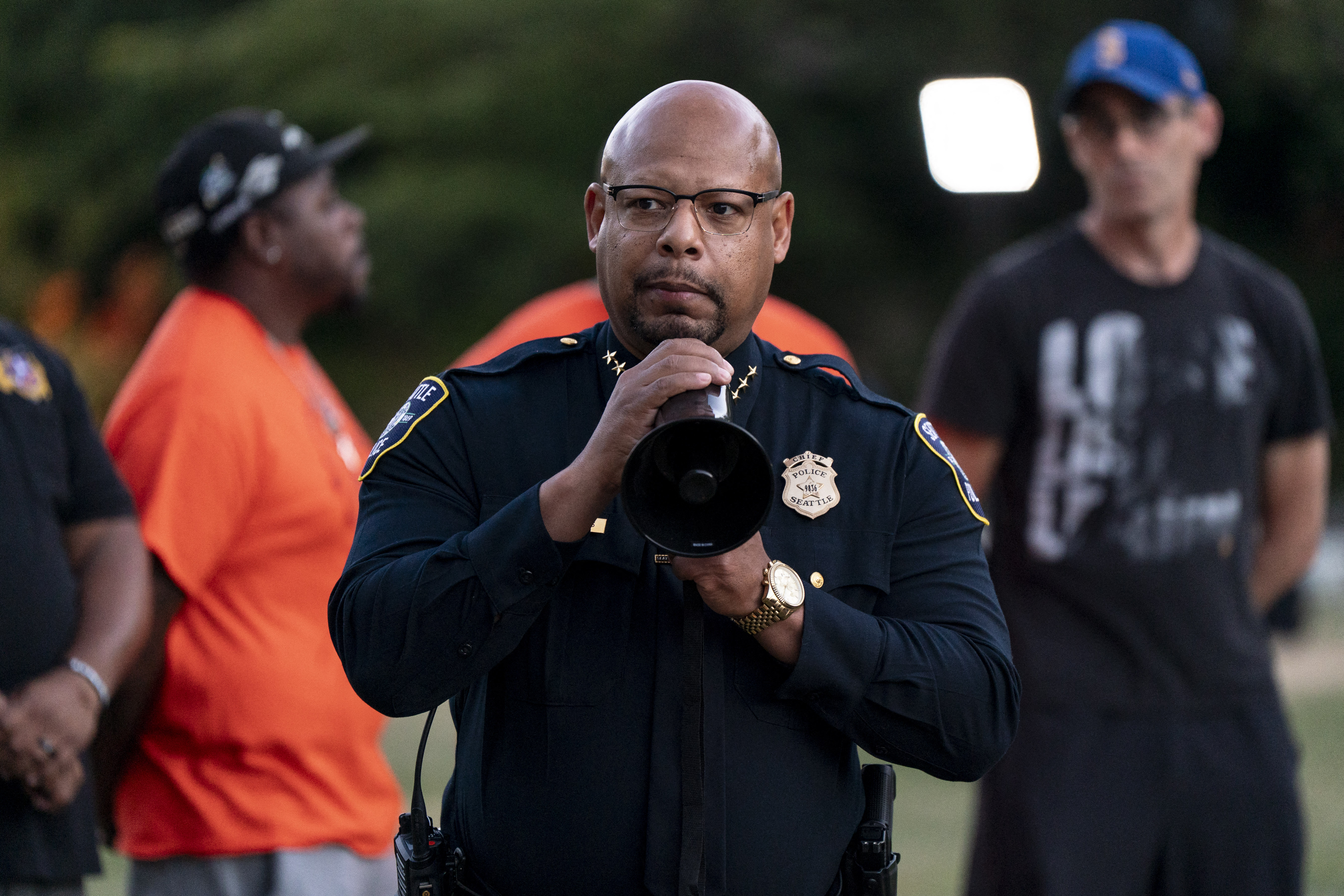 SEATTLE, WASHINGTON - JULY 27: Seattle Police Chief Shon Barnes speaks during a vigil a day after the Bite of Seattle food festival shooting at Seattle Center on July 27, 2026 in Seattle, Washington. Three people are dead and four are wounded. David Ryder/Getty Images/AFP (Photo by David Ryder / GETTY IMAGES NORTH AMERICA / Getty Images via AFP)