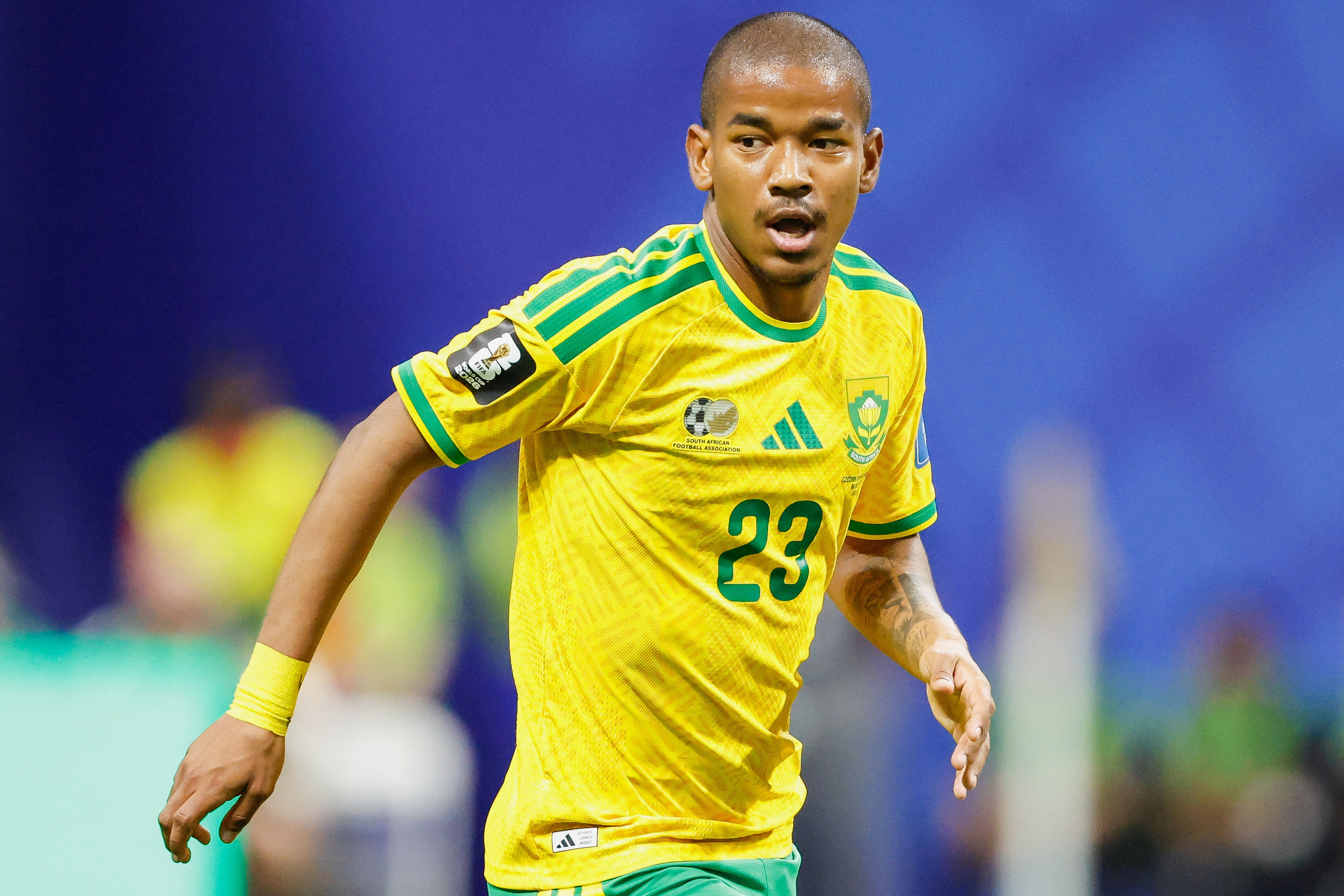 FILE - South Africa's Jayden Adams during the World Cup Group A soccer match between Czechia and South Africa in Atlanta, Thursday, June 18, 2026. (AP Photo/Stew Milne, File)