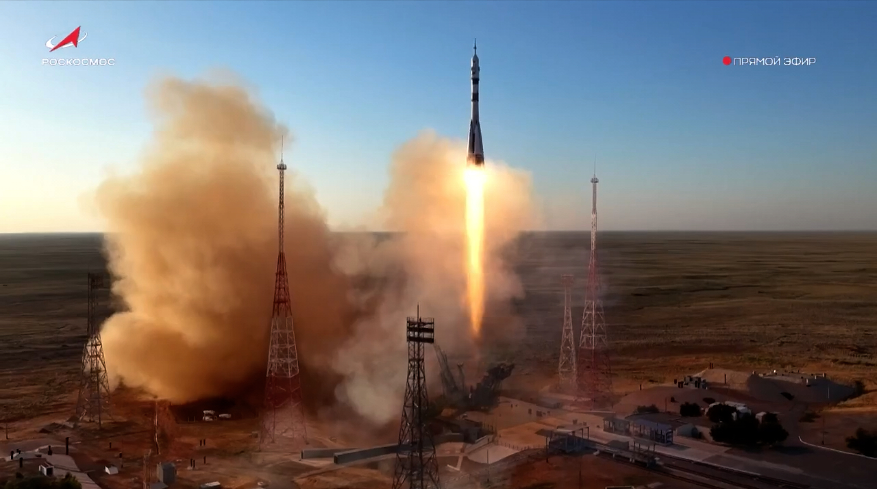 In this photo taken from video released by Roscosmos space corporation, the Soyuz-2.1 rocket booster with Soyuz MS-29 space ship carrying NASA astronaut Anil Menon, Roscosmos cosmonauts Pyotr Dubrov and Anna Kikina, a new crew to the International Space Station, ISS, blasts off in Russian leased Baikonur cosmodrome, Kazakhstan, Tuesday, July 14, 2026. (Roscosmos space corporation, via AP)