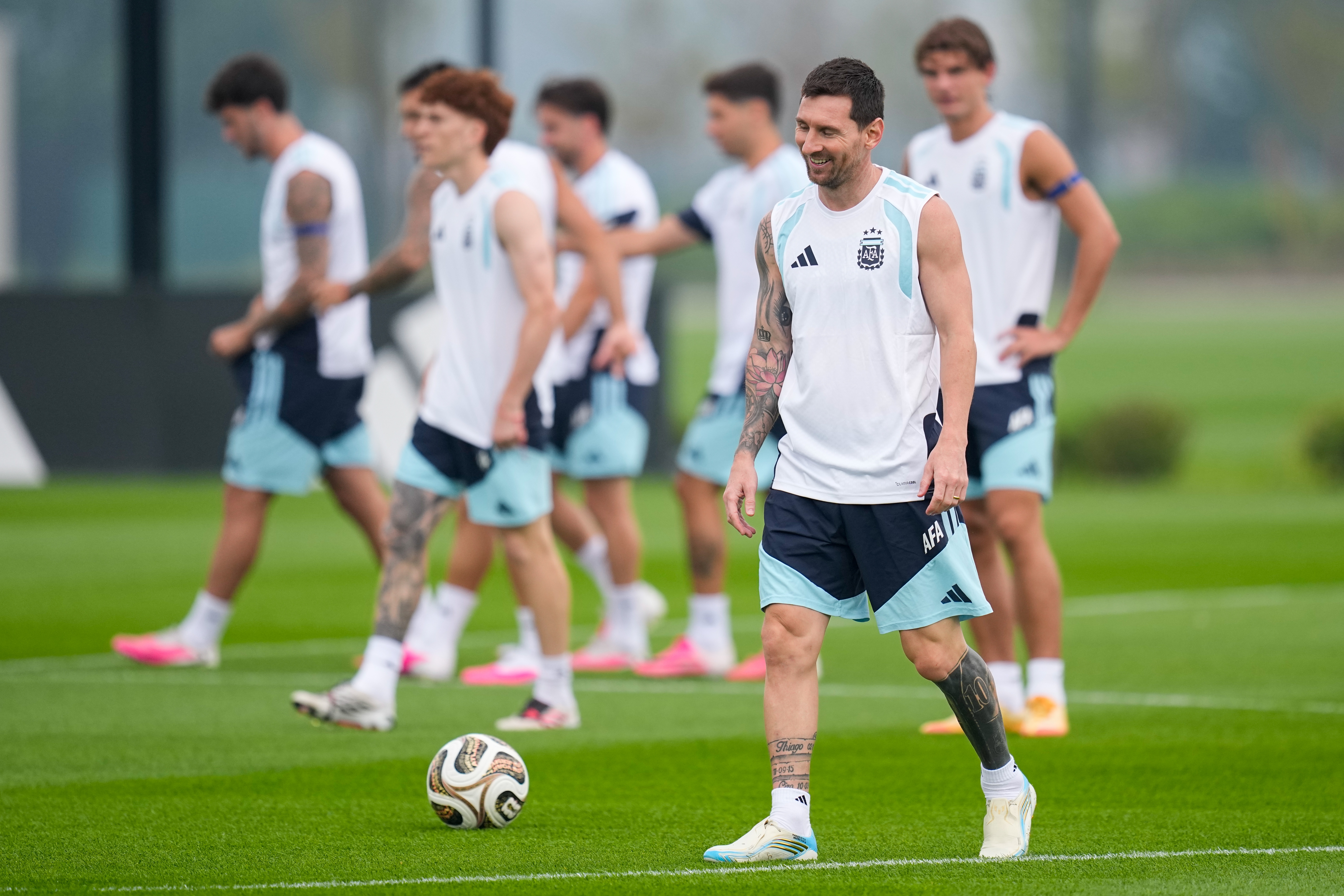 Argentina's Lionel Messi works out during a training session on the eve of the World Cup final soccer match in Morristown, N.J., Saturday, July 18, 2026. (AP Photo/Ashley Landis)