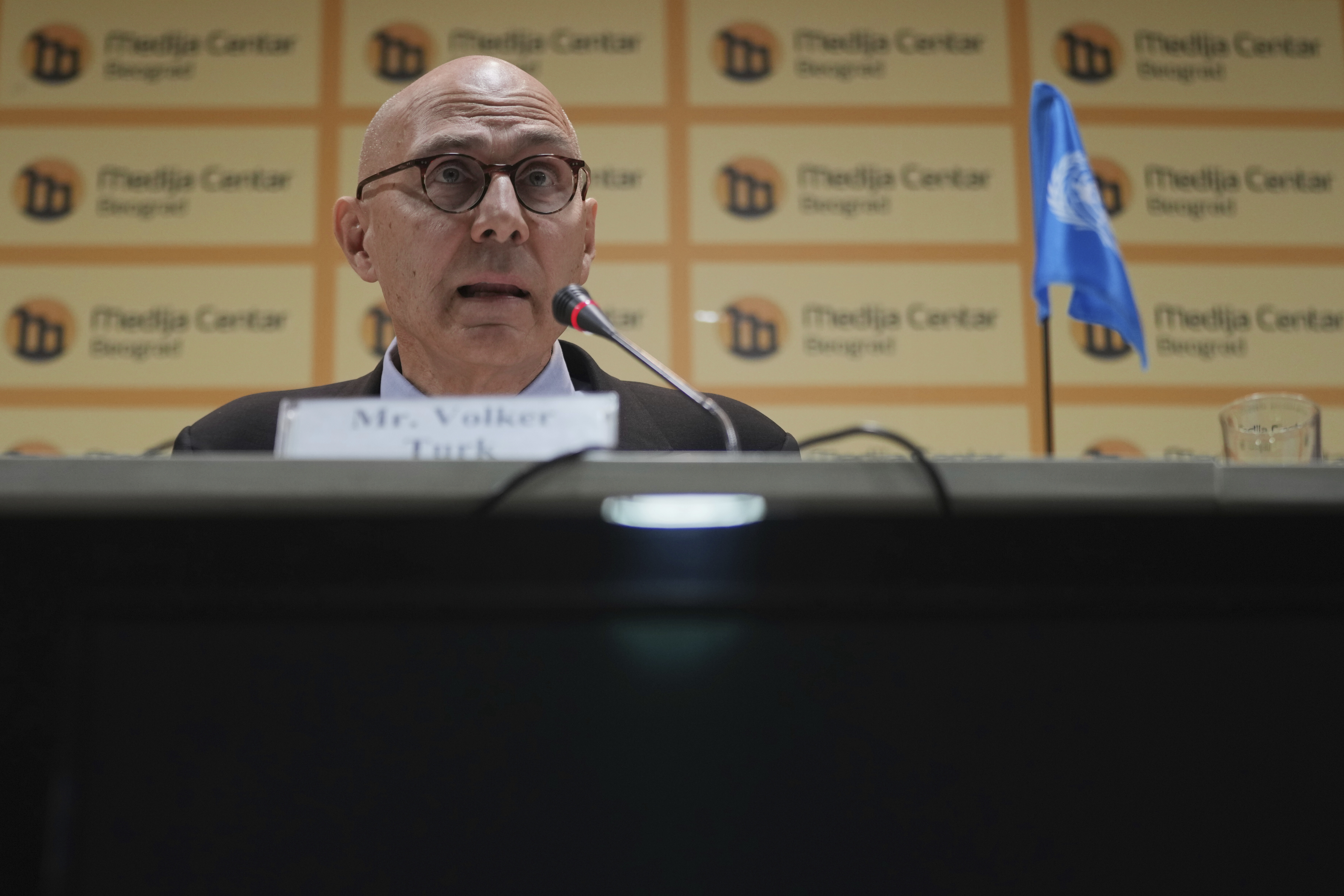 U.N. High Commissioner for Human Rights (UNHCR) Volker Turk speaks during a press conference on his last day of an official visit to Serbia in Belgrade, Serbia, Wednesday, May 21, 2025. (AP Photo/Darko Vojinovic)