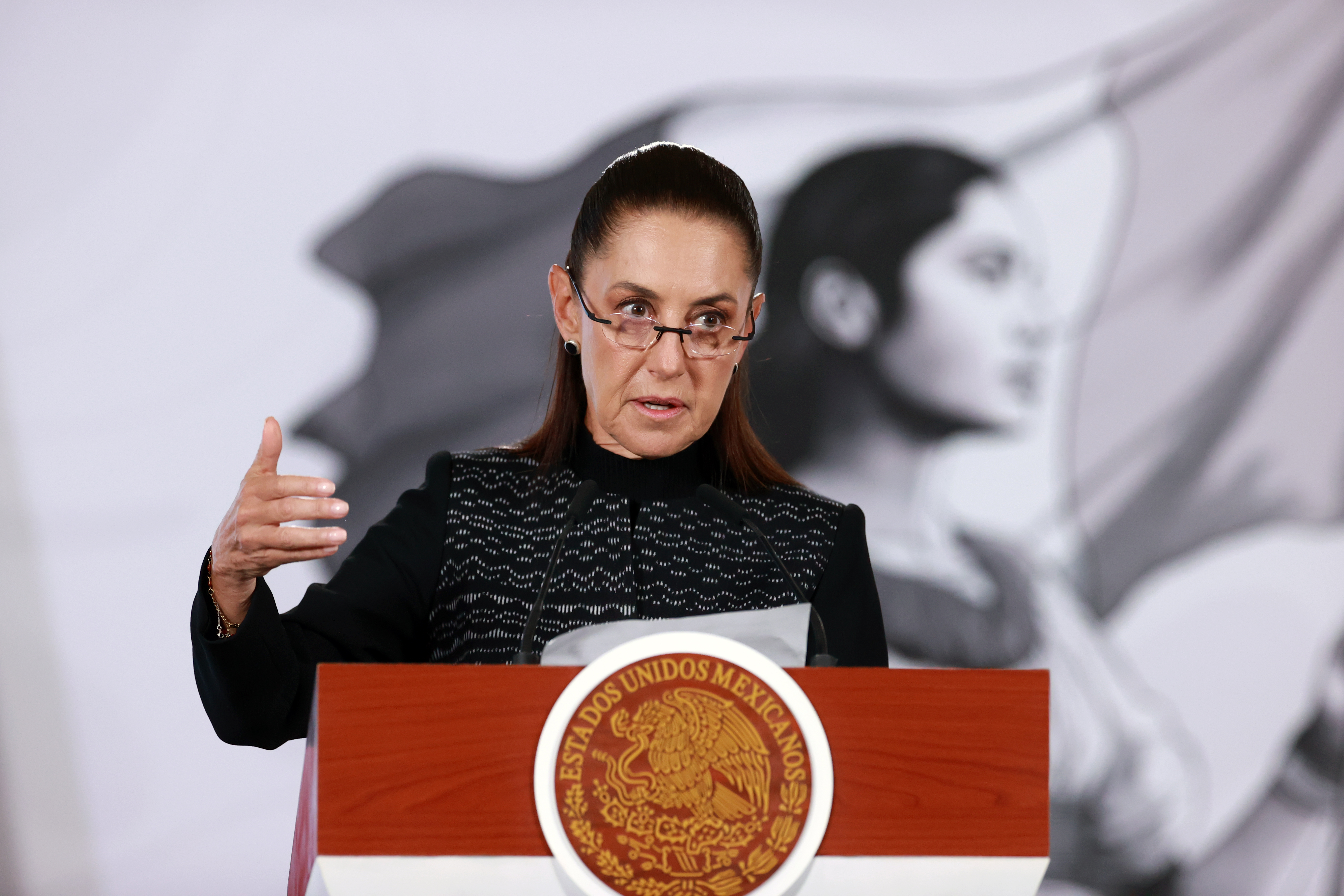 epa13078493 Mexican President Claudia Sheinbaum speaks during a press conference at the National Palace in Mexico City, Mexico, 01 July 2026. Sheinbaum stated that the United States-Mexico-Canada Agreement (USMCA) will remain in effect until 2036, even if the US administration does not confirm its extension for another 16-year term during the review process that begins the same day. EPA/Mario Guzman