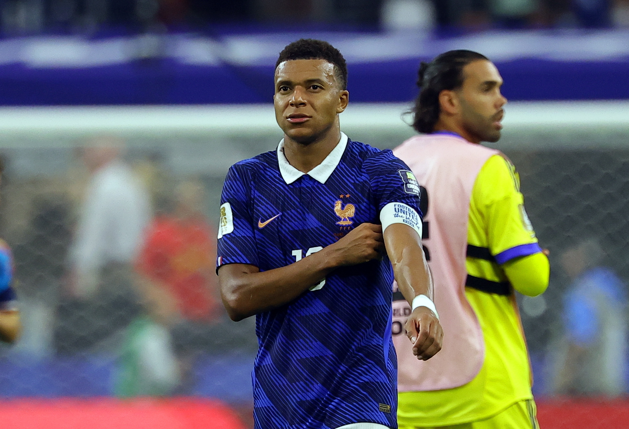 epa13111833 Kylian Mbappe of France reacts after losing the FIFA World Cup 2026 semifinals match France against Spain, in Dallas, USA, 14 July 2026. EPA/CHRISTOPHER NEUNDORF