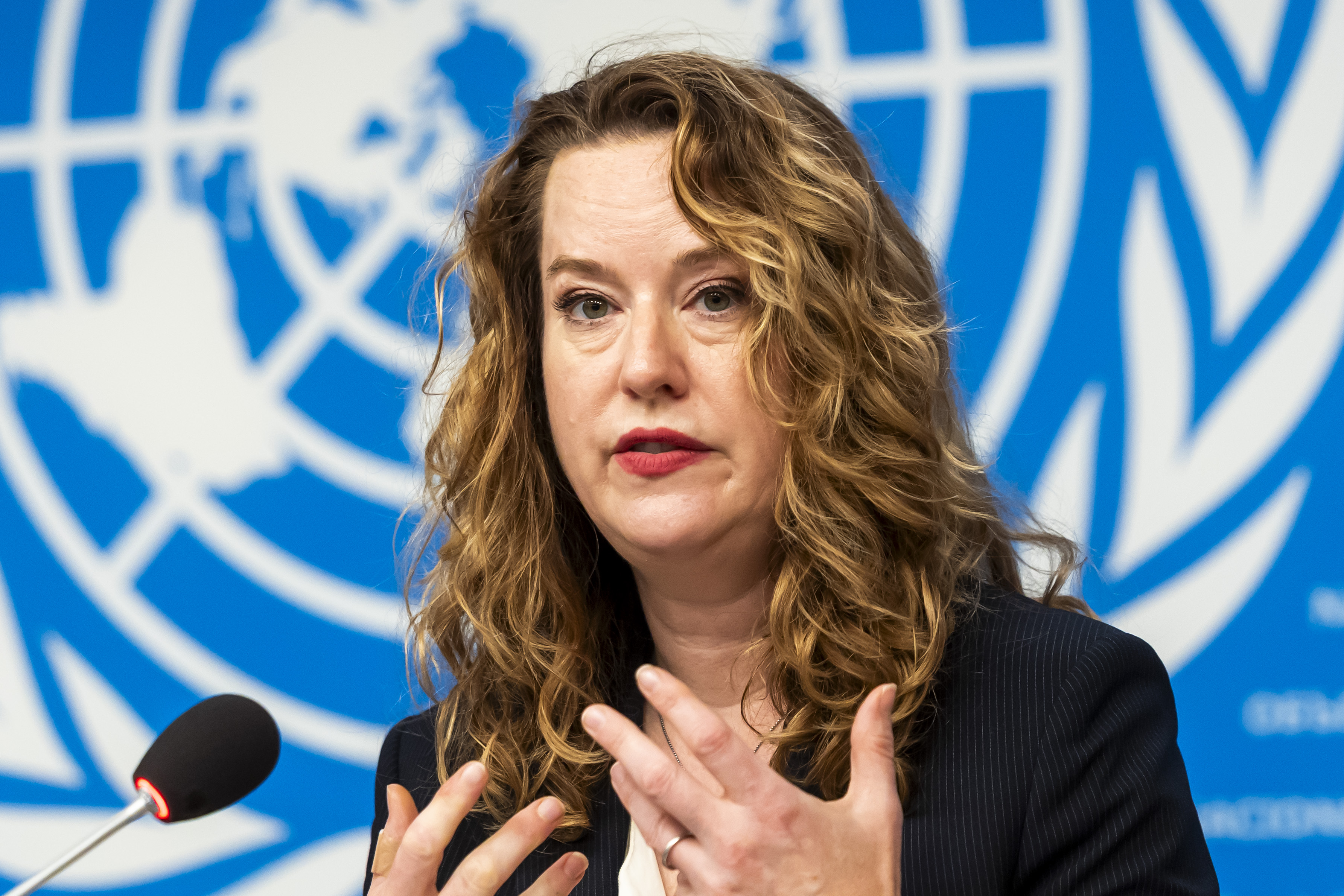 epa13136742 Director General of the International Organization for Migration (IOM) Amy Pope briefs the media on 'Protecting Victims of Trafficking in Online Scam Operations' during a press briefing at the European headquarters of the United Nations in Geneva, Switzerland, 28 July 2026. EPA/SALVATORE DI NOLFI