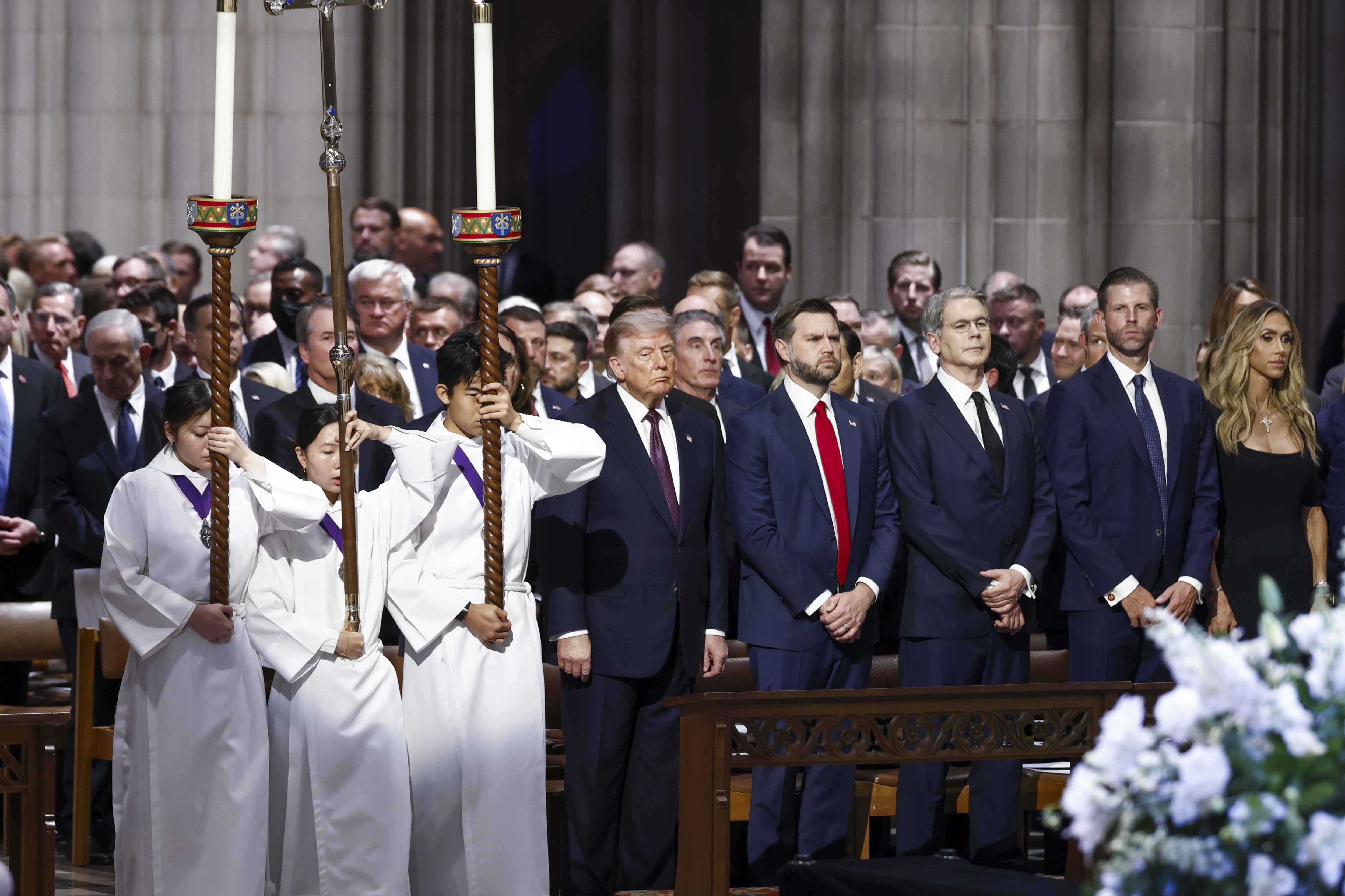 epa13138136 (L-R) US President Donald J. Trump and US Vice President JD Vance, US Treasury Secretary Scott Bessent, Eric Trump and Lara Trump attend the funeral services for the late US Senator Lindsey Graham from South Carolina at the Washington National Cathedral in Washington, DC USA, 28 July 2026. Lindsey Graham, Republican senator from South Carolina, died earlier this month following a brief illness at the age of 71. EPA/WILL OLIVER