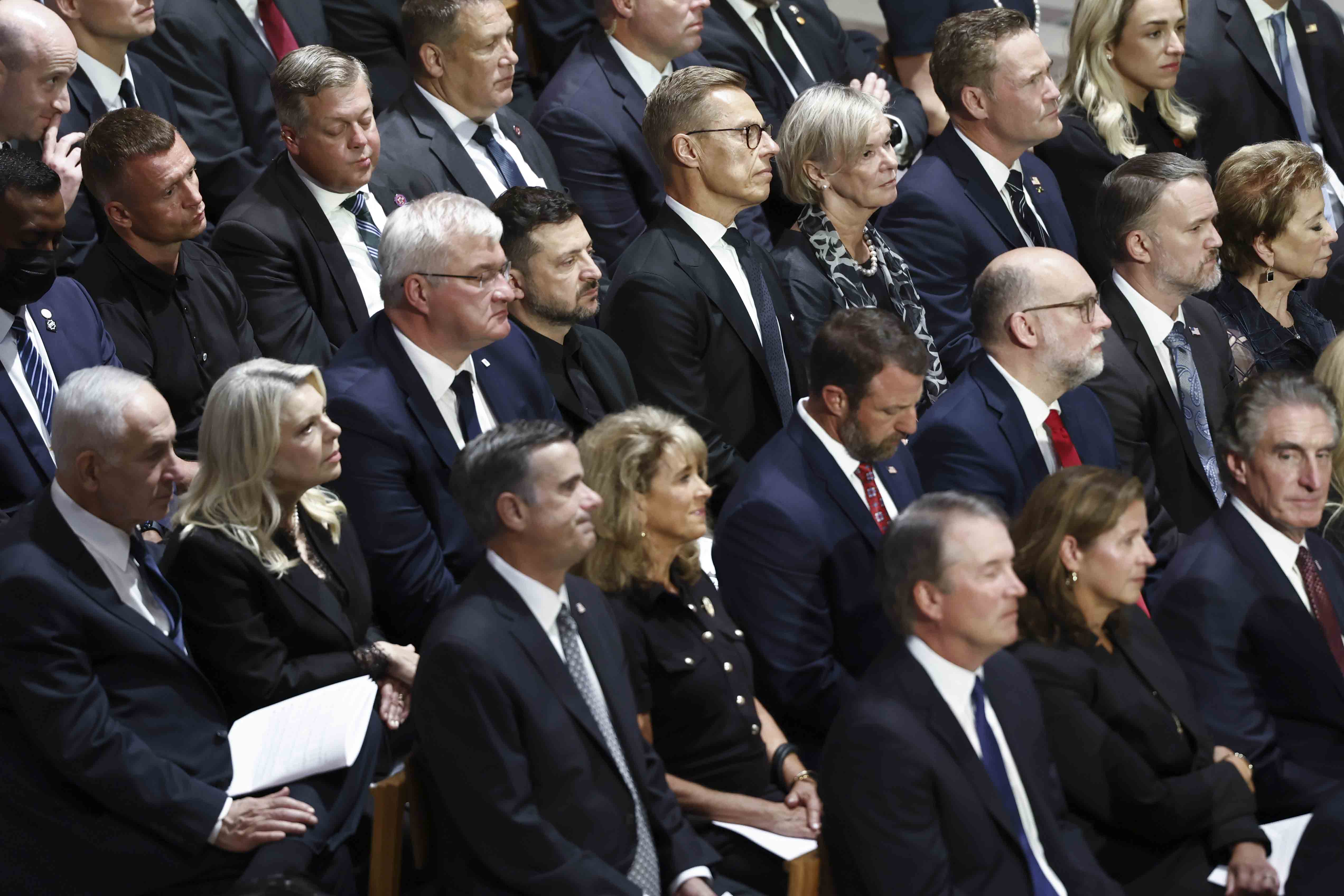 epa13138067 President of Ukraine Volodymyr Zelenskyy (C), Israeli Prime Minister Benjamin Netanyahu (L), Finnish President Alexander Stubb (C-L) and other guests attend the funeral services for the late US Senator Lindsey Graham at the Washington National Cathedral in Washington, DC USA, 28 July 2026. Lindsey Graham, Republican senator from South Carolina, died earlier this month following a brief illness at the age of 71. EPA/WILL OLIVER
