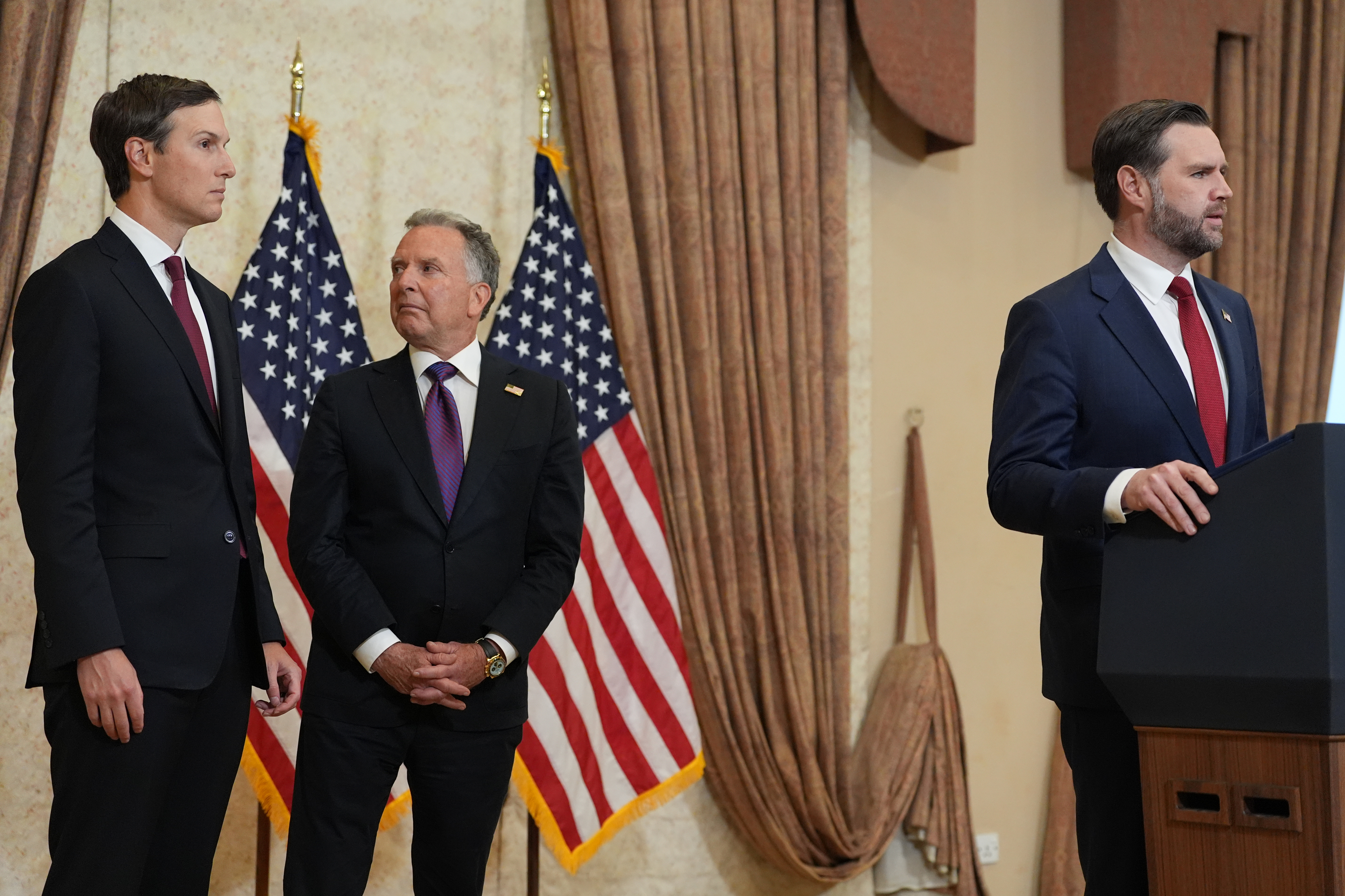 ISLAMABAD, PAKISTAN - APRIL 12: U.S. Vice President JD Vance speaks as Jared Kushner (L) and Steve Witkoff, Special Envoy for Peace Missions, react during a news conference after a meeting with representatives from Pakistan and Iran on April 12, 2026 in Islamabad, Pakistan. The proposed meeting marks a rare direct engagement between senior U.S. and Iranian officials, as Washington and Tehran seek to advance stalled negotiations over Iran's nuclear programme, with Pakistan serving as neutral ground amid persistent tensions between the two countries. (Photo by Jacquelyn Martin - Pool/Getty Images)