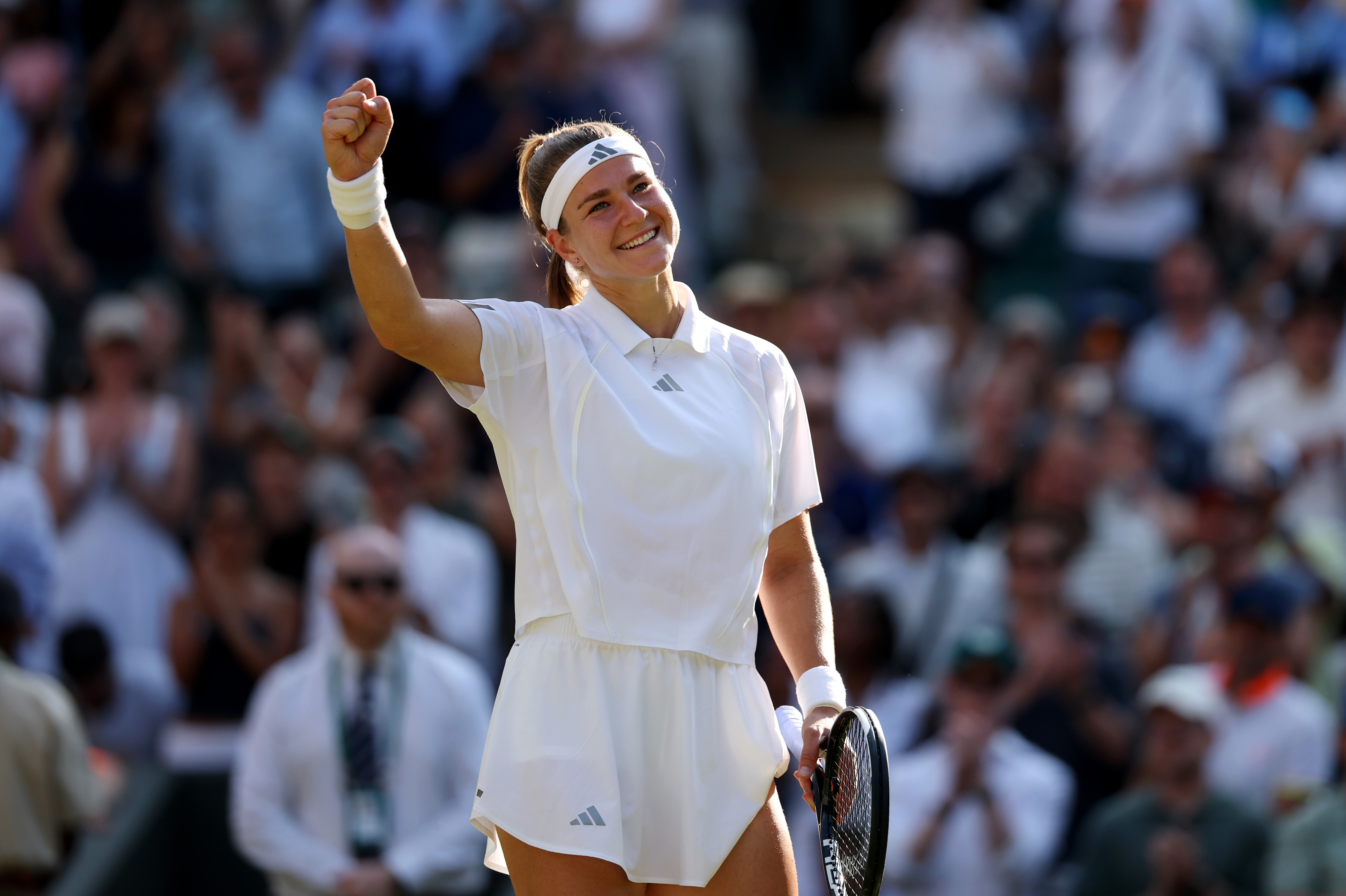 LONDON, ENGLAND - JULY 07: Karolina Muchova of Czechia celebrates victory over Naomi Osaka of Japan during their Ladies' Singles quarterfinal match on day nine of The Championships Wimbledon 2026 at All England Lawn Tennis and Croquet Club on July 07, 2026 in London, England. (Photo by Jan Kruger/Getty Images)