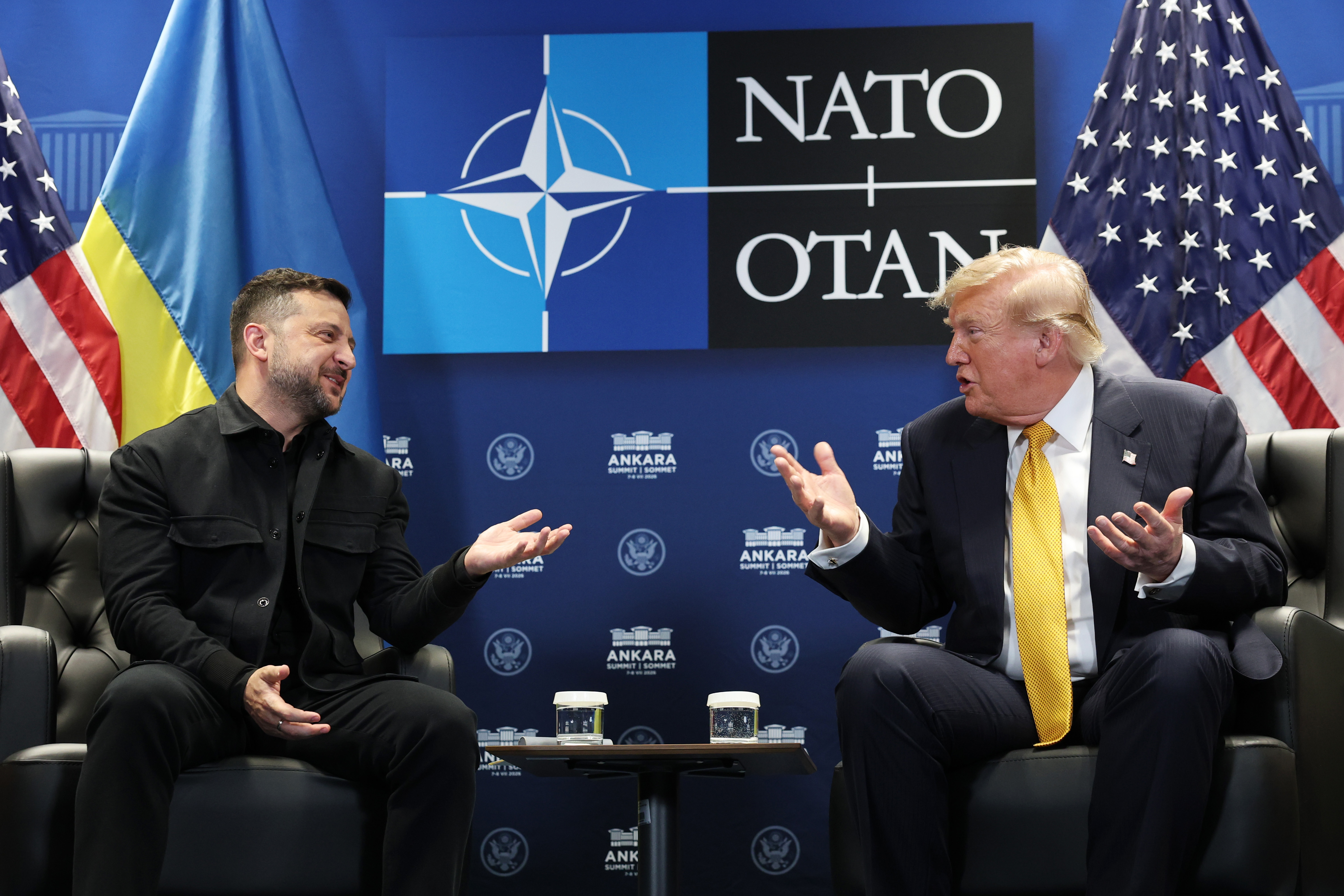 ANKARA, TURKEY - JULY 08: U.S. President Donald Trump (R) meets with Volodymyr Zelenskyy, President of Ukraine (L) for bilateral talks at Beştepe Presidential Compound during the NATO Summit on July 08, 2026 in Ankara, Turkey. Leaders from NATO's 32 countries, plus NATO allies like Ukraine, gathered in the Turkish capital to discuss a range of issues involving spending targets, defense industrial production, and support for Ukraine, among other topics. (Photo by Win McNamee/Getty Images)