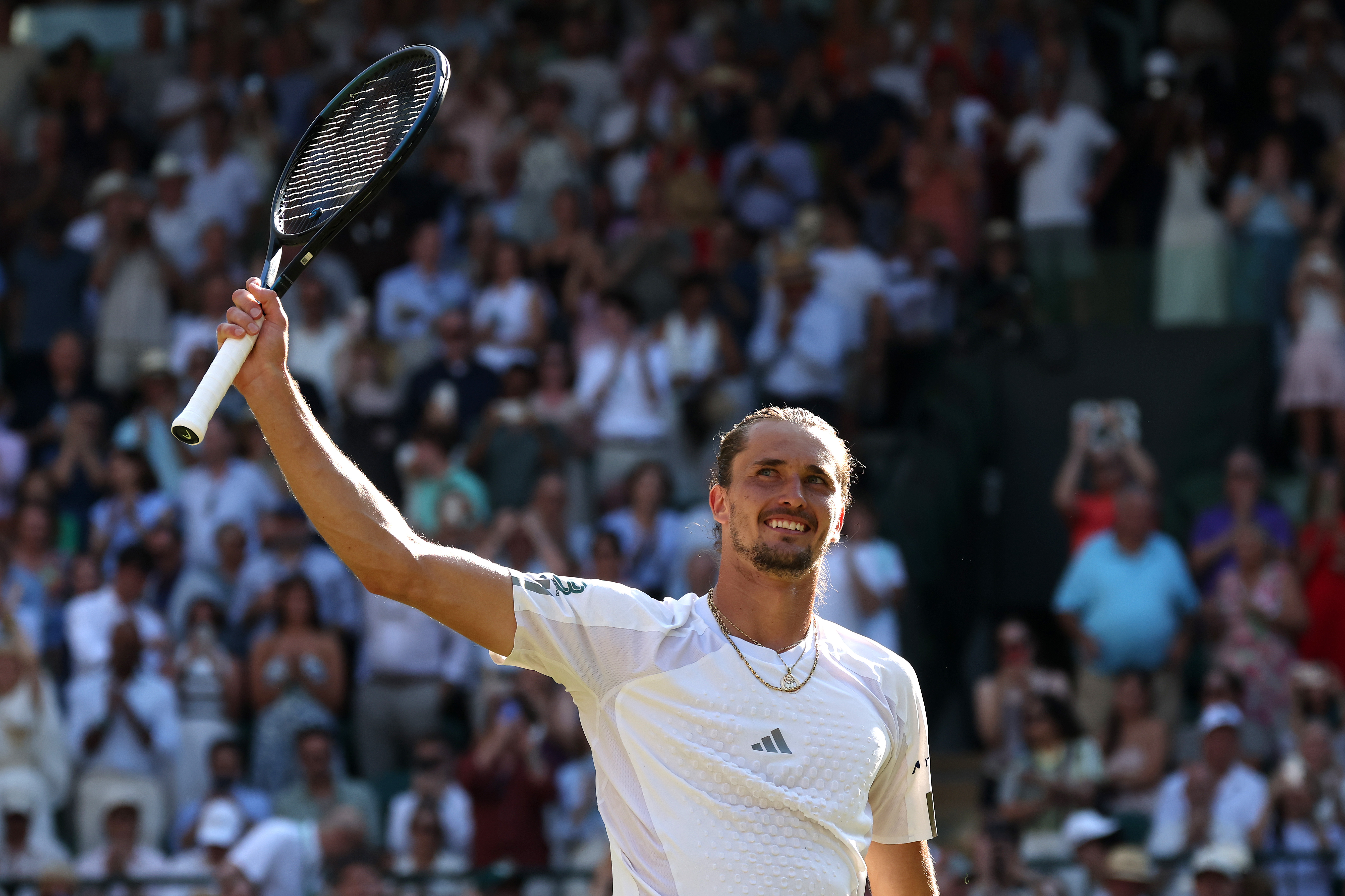 LONDON, ENGLAND - JULY 08: Alexander Zverev of Germany celebrates victory against Taylor Fritz of United States during their Gentlemen's Singles quarterfinal match on day ten of The Championships Wimbledon 2026 at All England Lawn Tennis and Croquet Club on July 08, 2026 in London, England. (Photo by Matthew Stockman/Getty Images)