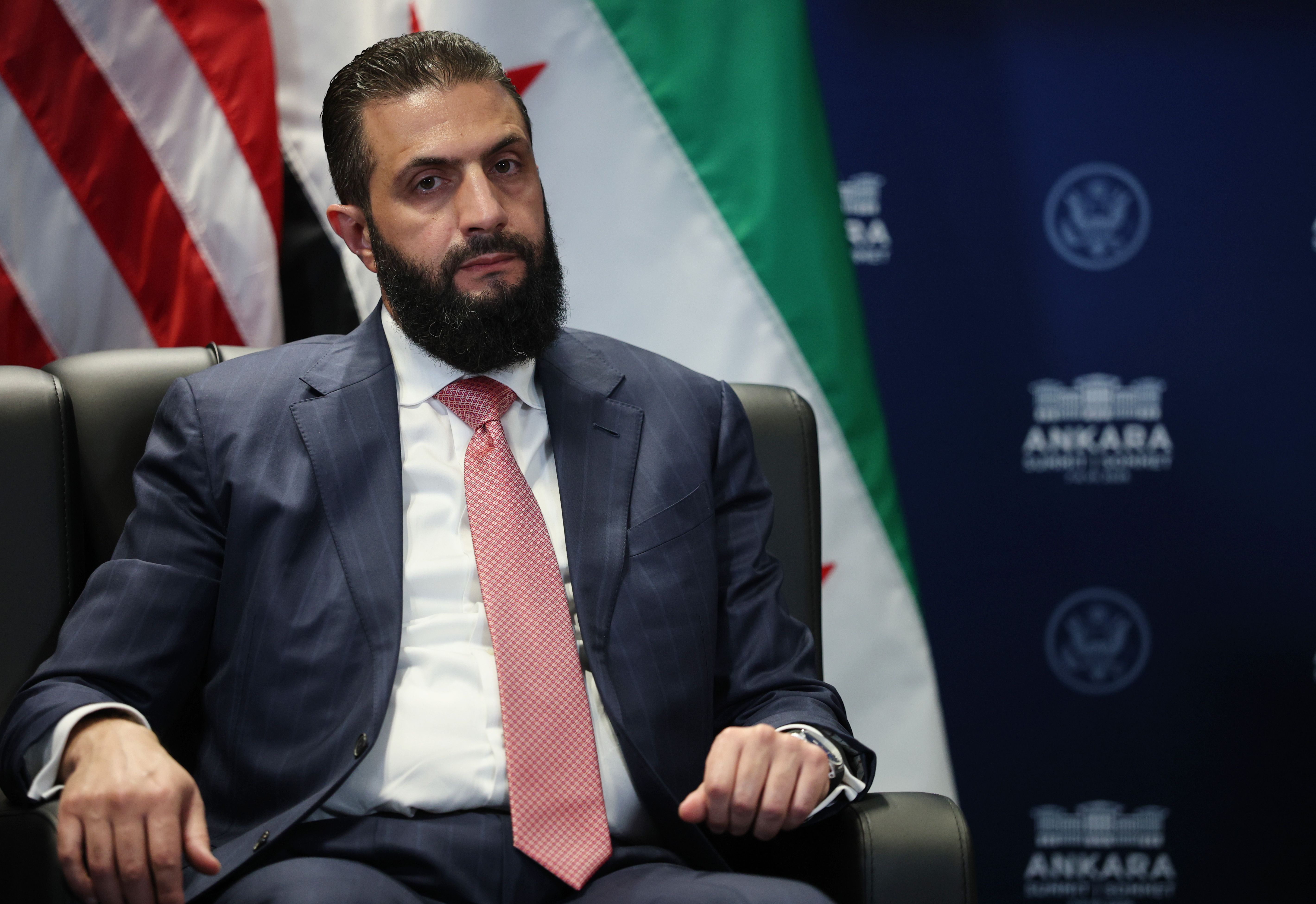 ANKARA, TURKEY - JULY 08: Ahmed al-Sharaa, President of Syria meets U.S. President Donald Trump (Not Shown) for bilateral talks at Beştepe Presidential Compound during the NATO Summit on July 08, 2026 in Ankara, Turkey. Leaders from NATO's 32 countries, plus NATO allies like Ukraine, gathered in the Turkish capital to discuss a range of issues involving spending targets, defense industrial production, and support for Ukraine, among other topics. (Photo by Win McNamee/Getty Images)