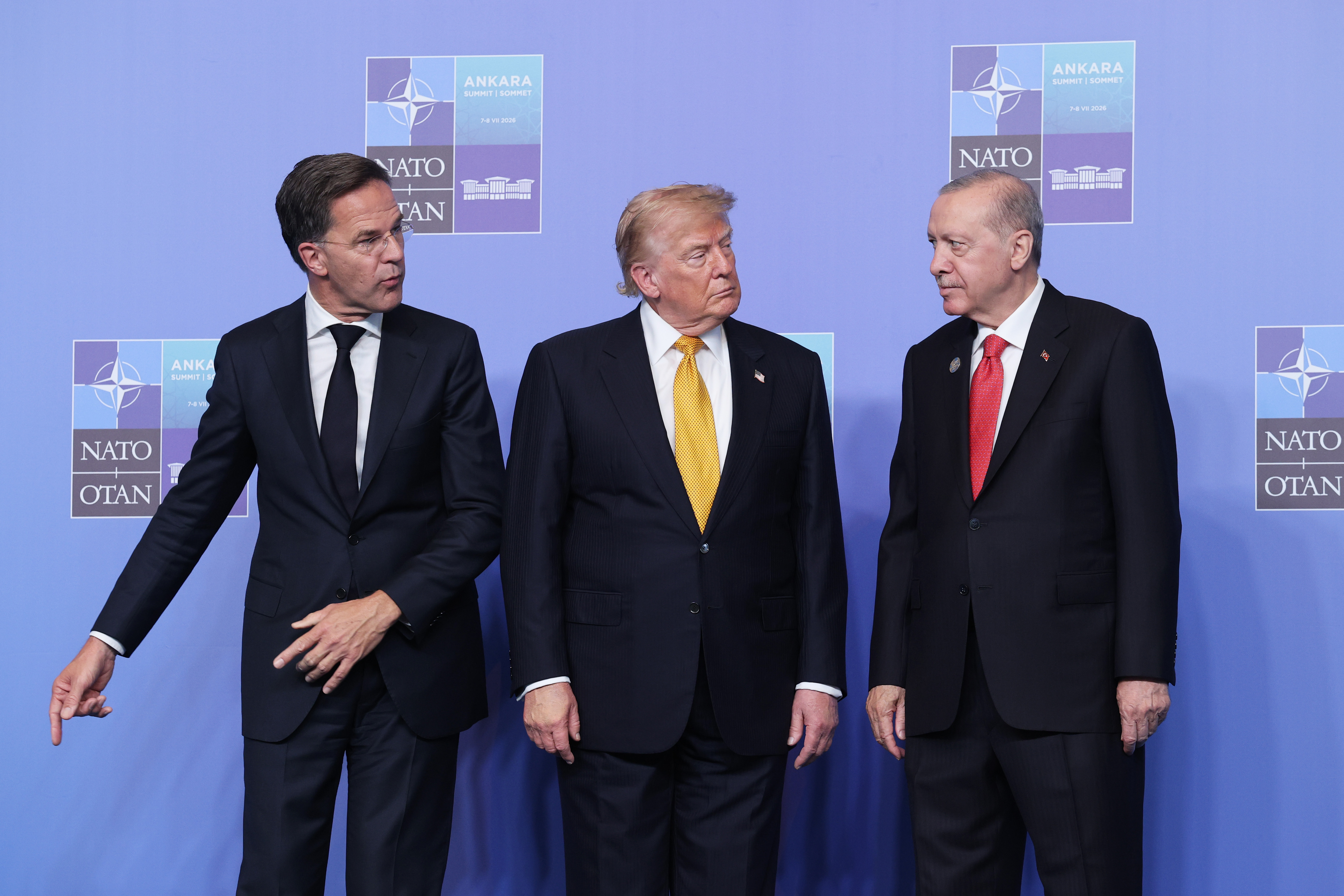 ANKARA, TURKEY - JULY 08: (L-R) NATO Secretary General Mark Rutte, Donald Trump, President of United States and Recep Tayyip Erdoğan, President of Turkey during a welcome ceremony of allied heads of state and government, on July 08, 2026 in Ankara, Turkey. Leaders from NATO's 32 countries, plus NATO allies like Ukraine, gathered in the Turkish capital to discuss a range of issues involving spending targets, defense industrial production, and support for Ukraine, among other topics. (Photo by Win McNamee/Getty Images)
