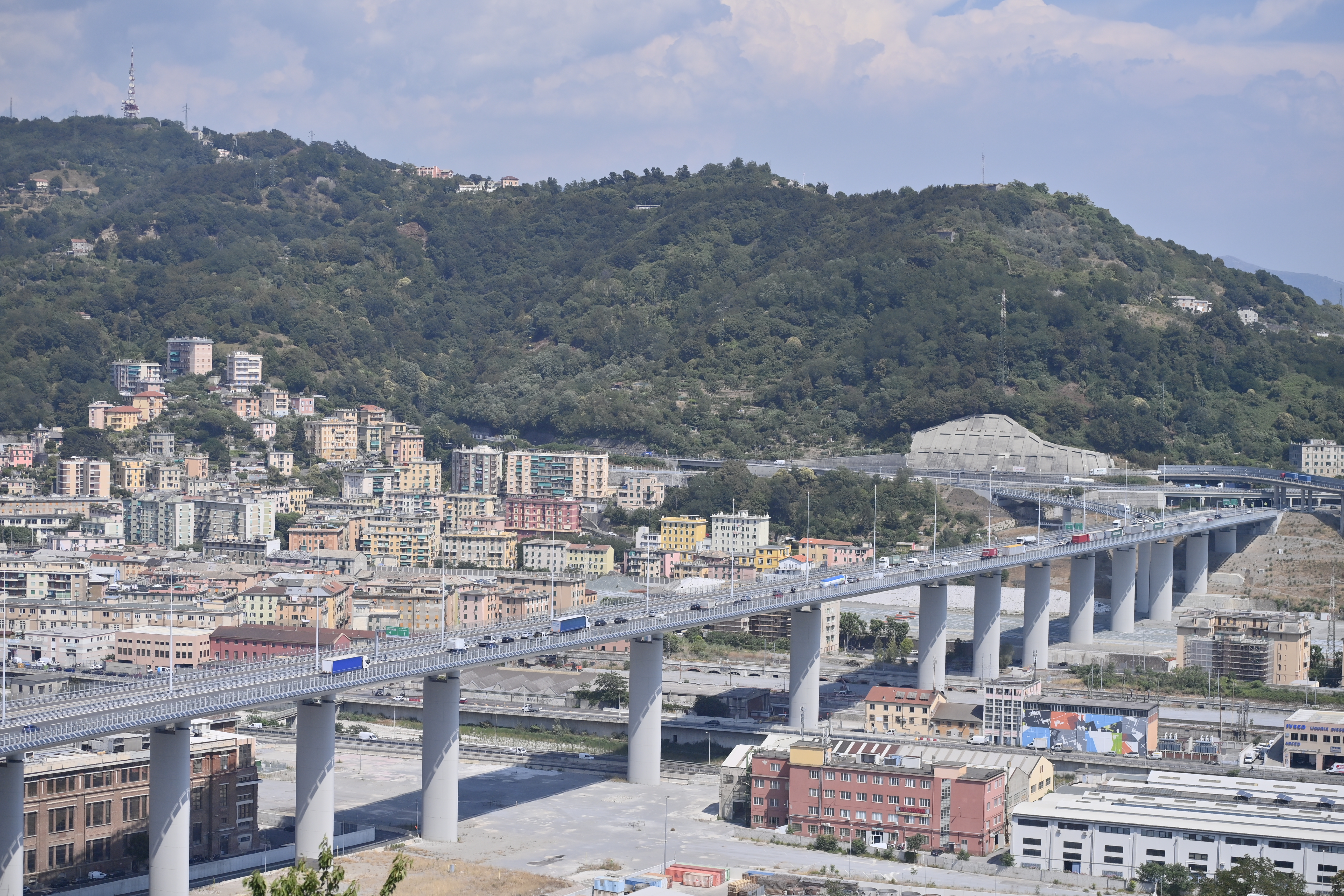 General view of a bridge with a town in the background.
