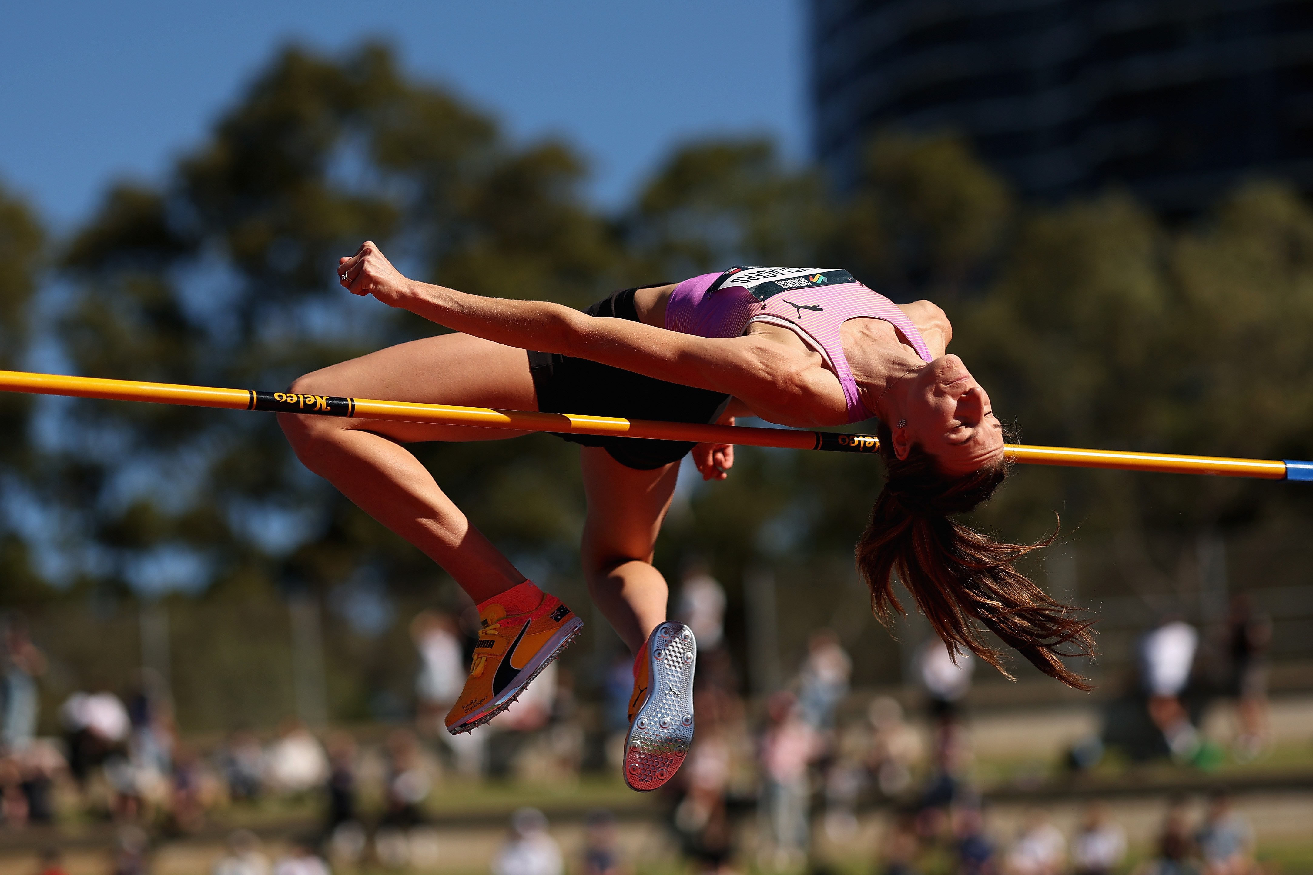 SYDNEY, AUSTRALIA - APRIL 12: Nicola Olyslagers of New South Wales competes in the Women's High Jump final during the 2026 Australian Athletics Championships at Sydney Olympic Park Athletic Centre on April 12, 2026 in Sydney, Australia. (Photo by Cameron Spencer/Getty Images)