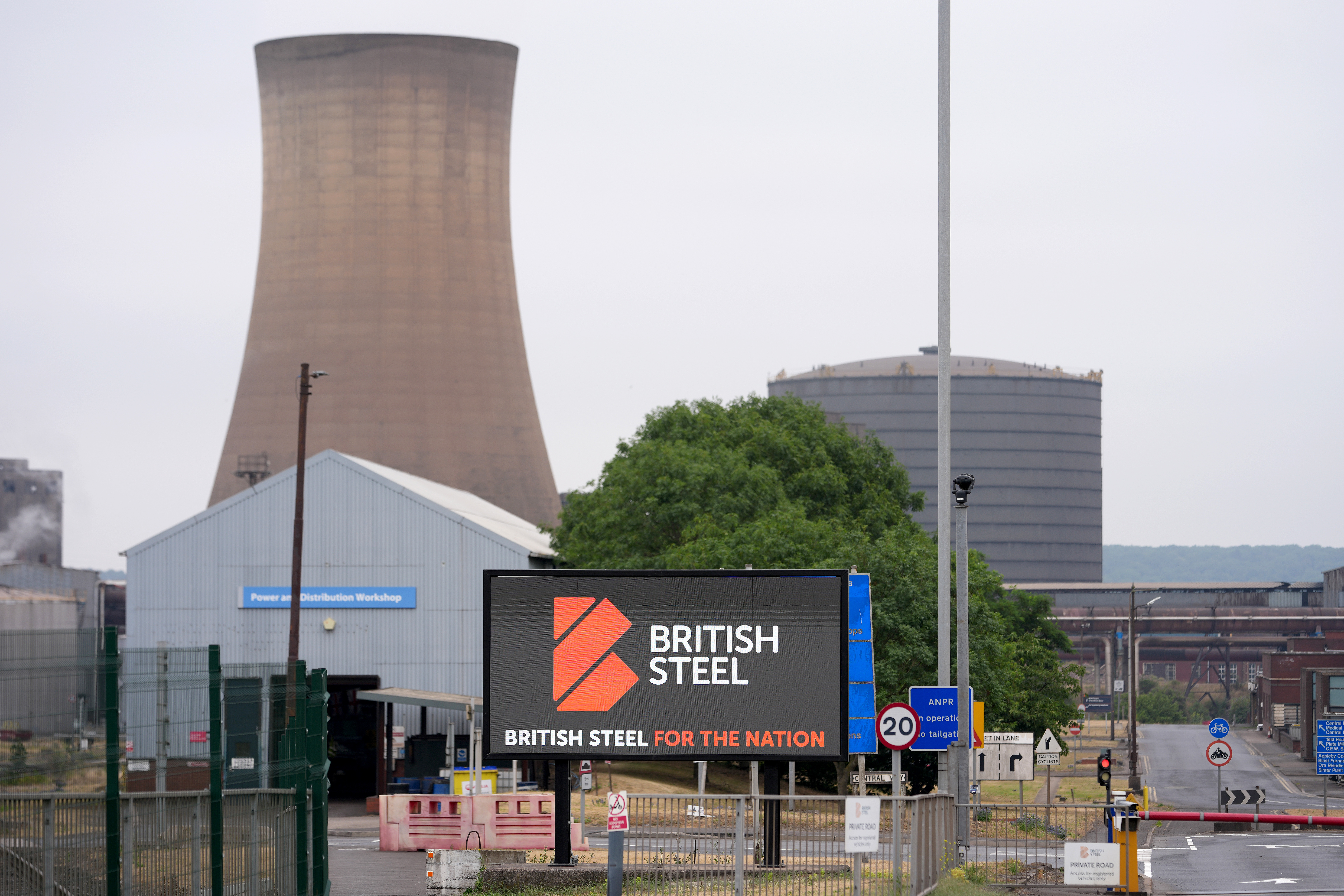 SCUNTHORPE, ENGLAND - JULY 16: A sign outside British Steel's Scunthorpe works declares 'British Steel For The Nation' on July 16, 2026 in Scunthorpe, England. The UK government announced this morning that it was taking British Steel into public ownership in a bid to "protect UK steelmaking." The government had previously taken control of operations at the Scunthorpe steelworks, which employs around 2,700 people and had been owned by the Chinese firm Jingye Group. (Photo by Christopher Furlong/Getty Images)