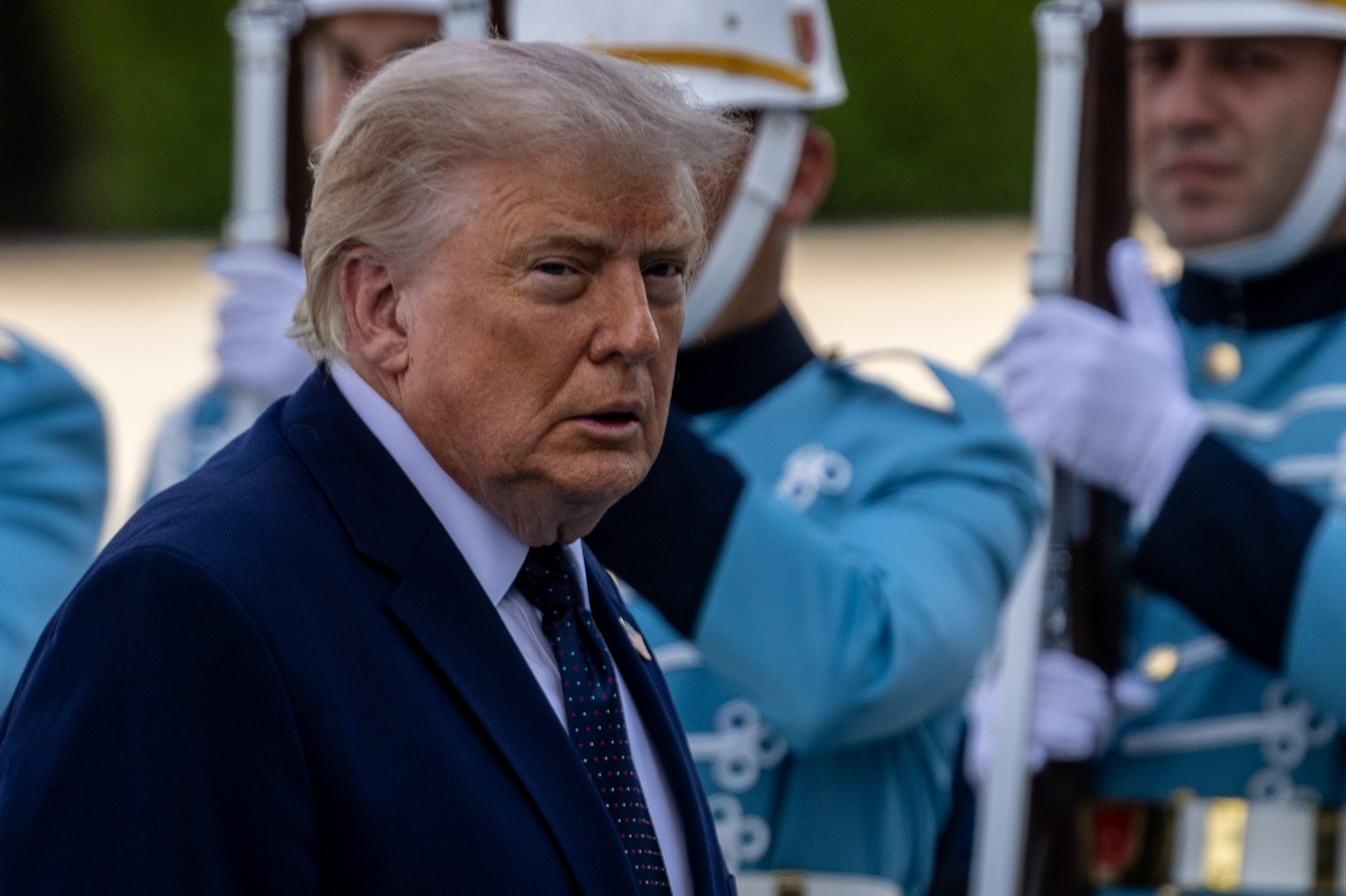 ANKARA, TURKEY - JULY 7: U.S. President Donald Trump arrives to review the Honor Guard during a state arrival ceremony at the Bestepe Presidential Complex for the annual NATO Summit on July 7, 2026 in Ankara, Turkey. Leaders from NATO's 32 countries, plus NATO allies like Ukraine, gathered in the Turkish capital to discuss a range of issues involving spending targets, defense industrial production, and support for Ukraine, among other topics. (Photo by Burak Kara/Getty Images)