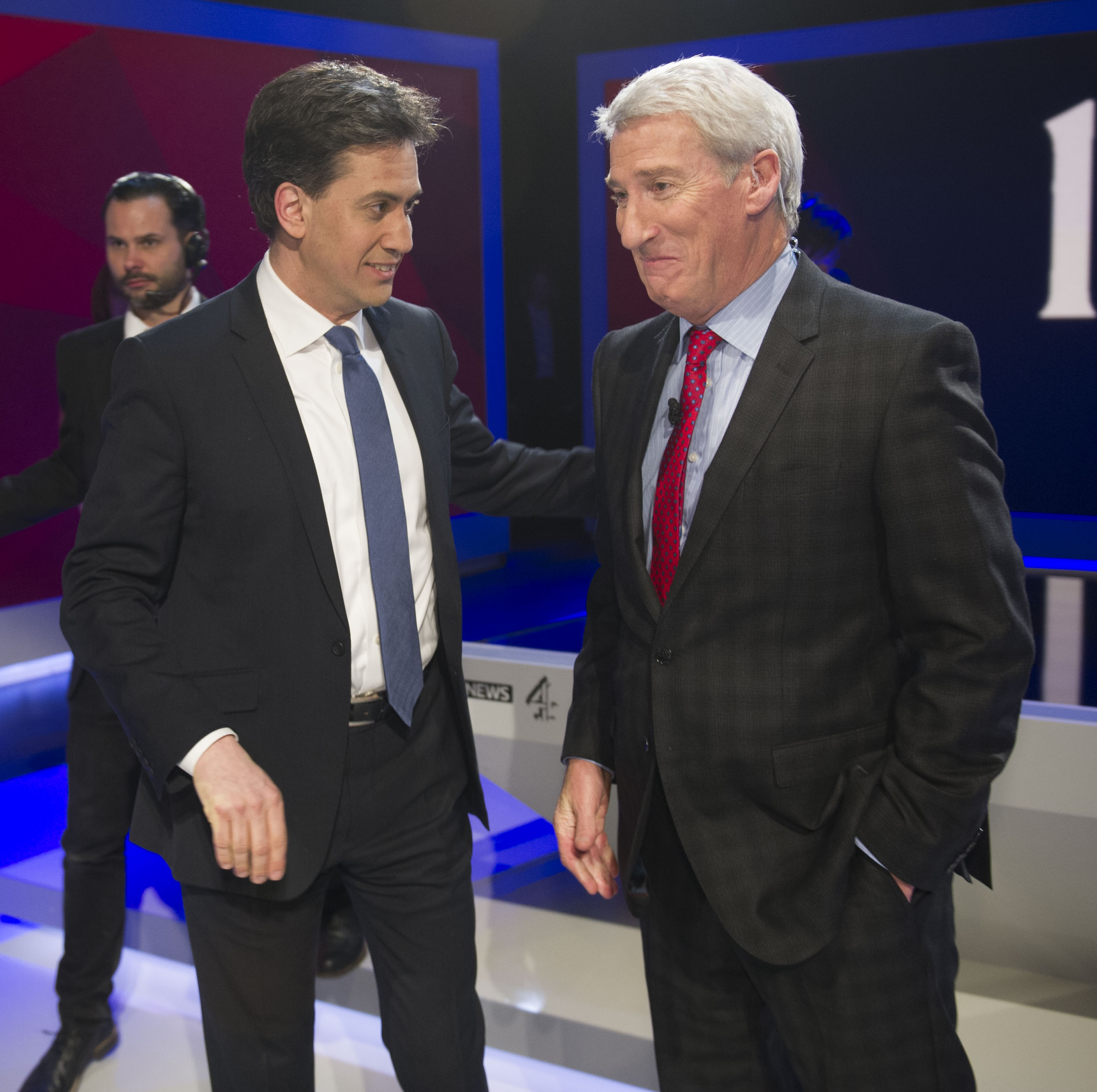 LONDON, ENGLAND - MARCH 26: In this handout provided by Sky News, Labour Party Leader Ed Miliband chats with Jeremy Paxman after the filming of 'Cameron & Miliband ; The Battle For Number 10' on March 26, 2015 in London, England. The TV show will air tonight at 9pm on Sky News. (Photo by Chris Lobina/Sky News via Getty Images)