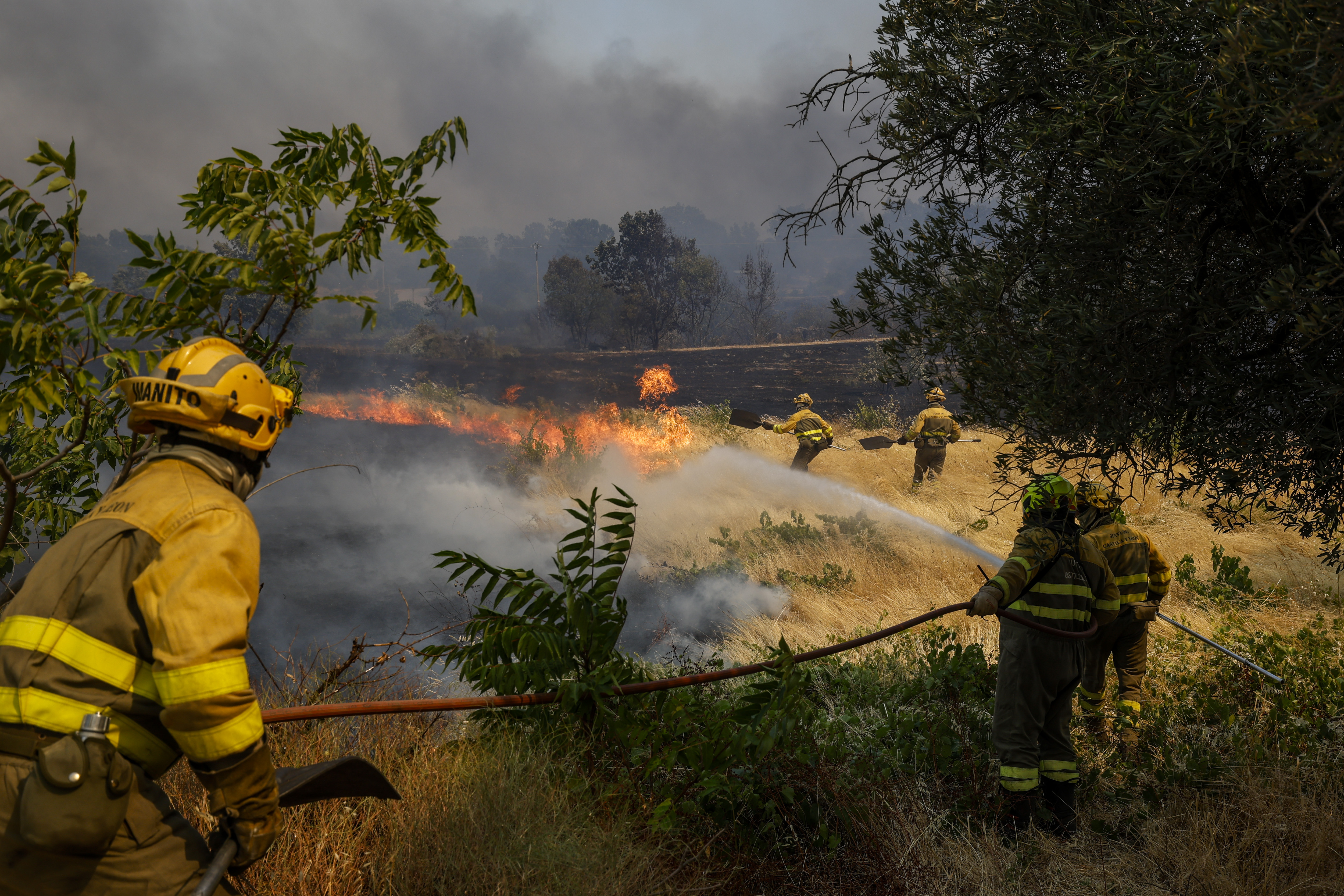 Firefighters attempt to extinguish a wildfire as it approaches houses on July 24, 2026 in El Tiemblo, in Ávila province, Spain. The Spanish interior minister declared a state of emergency as more than 11,500 people were forced to evacuate their homes to wildfires across the country. (Photo by Pablo Blazquez Dominguez/Getty)