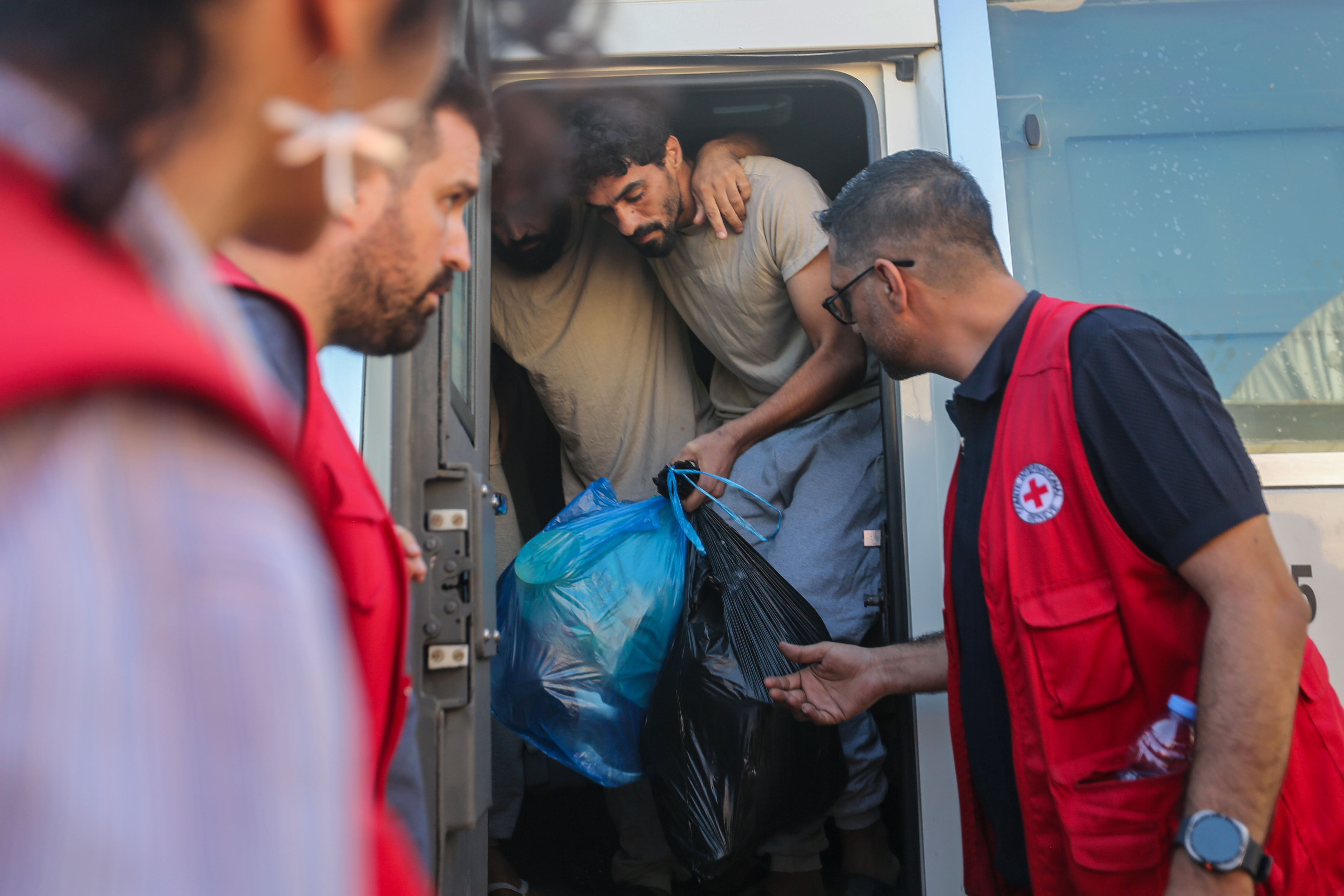 KHAN YUNIS, GAZA - JULY 27: Prisoners released from Israeli custody arrive at Nasser Hospital on July 27, 2026 in Khan Yunis, Gaza. (Photo by Ahmad Hasaballah/Getty Images)