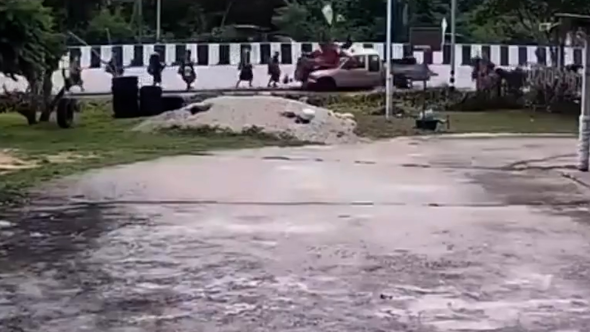 A screenshot of CCTV footage shows the moment a procession of monks were struck by a pickup truck driven by an 11-year-old in northeast Thailand on July 2, 2026. [@Luckyiiers/X]