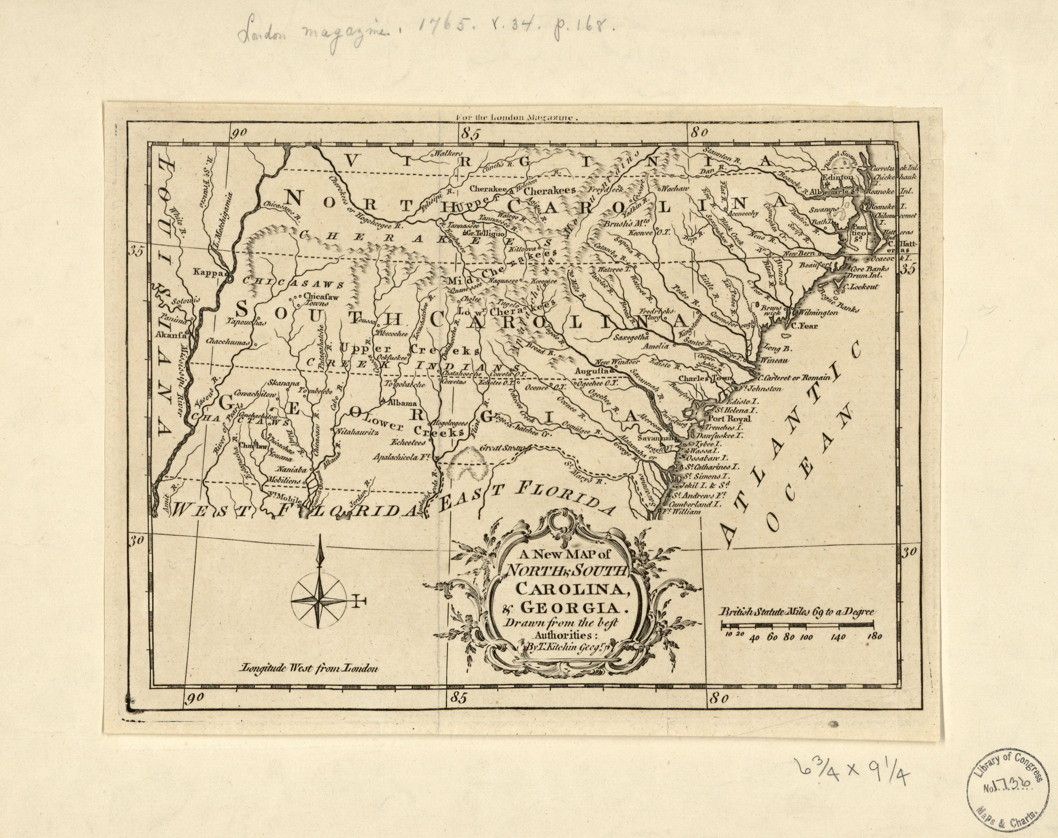 A map of North and South Carolina and Georgia, as engraved by the English cartographer Thomas Kitchin, 1718-1784 [Library of Congress]