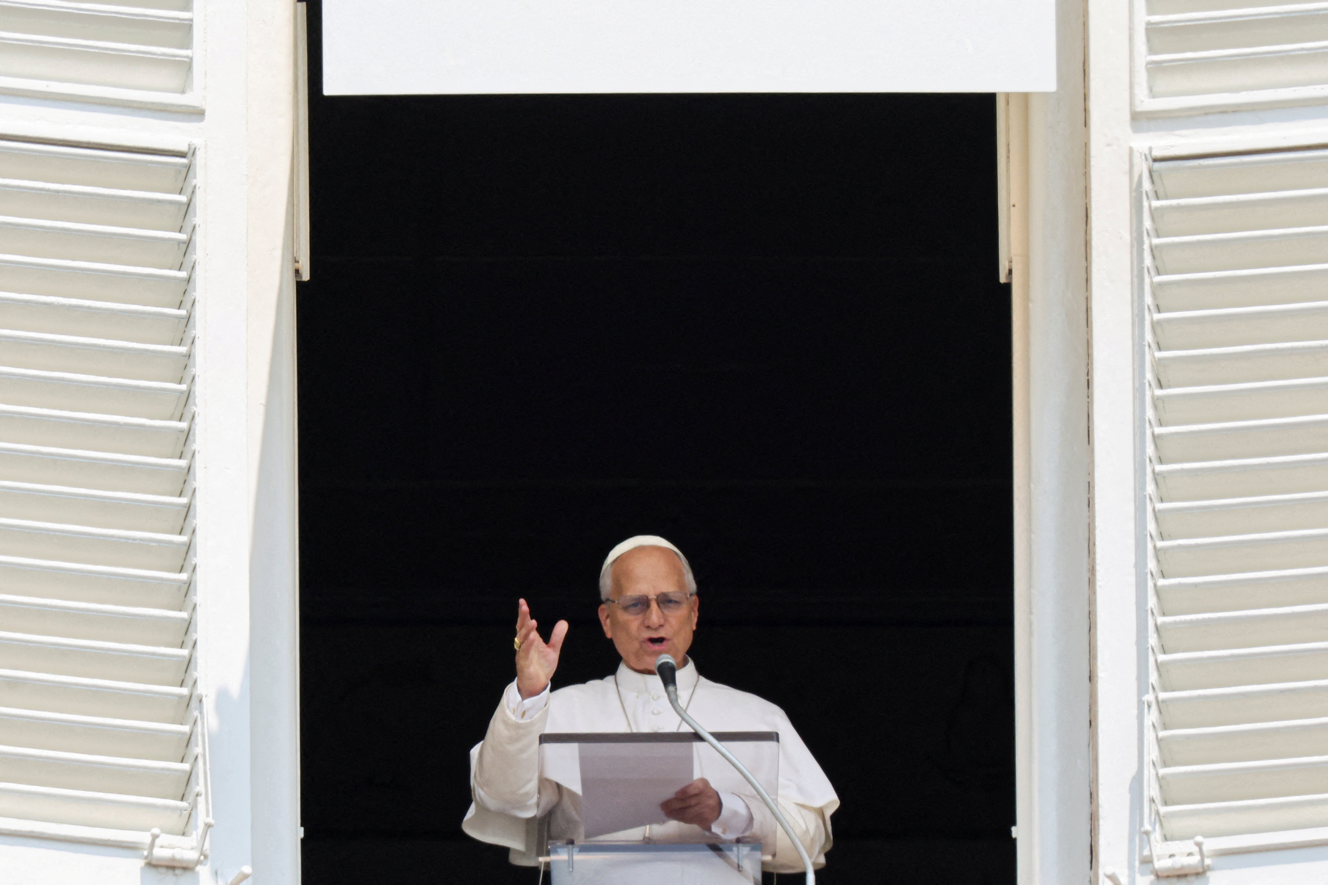 Pope Leo leads the Angelus prayer from a window of the Apostolic Palace at the Vatican, June 29, 2026. REUTERS/Yara Nardi