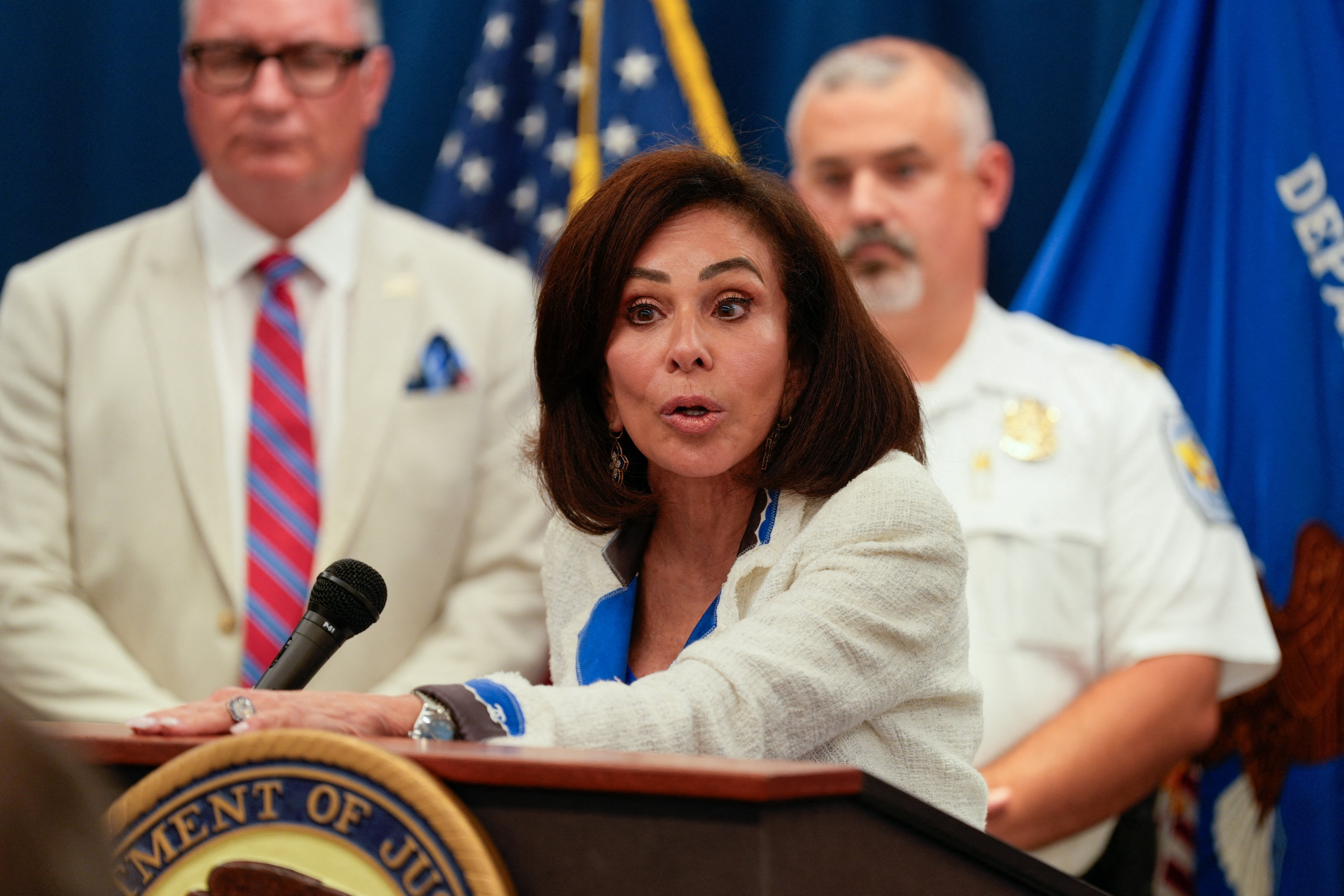 U.S. Attorney Jeanine Pirro discusses charges related to vandalism of the Lincoln Memorial Reflecting Pool during a press conference in Washington, D.C., U.S., July 2, 2026. REUTERS/Cheney Orr