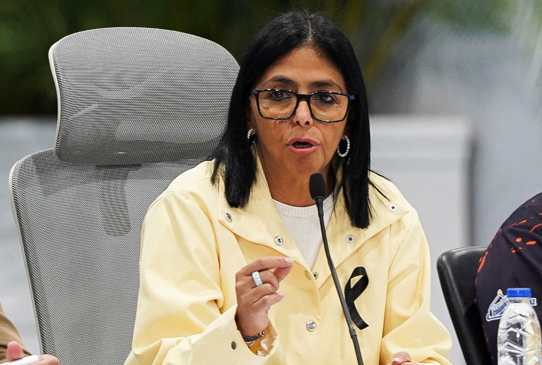 Venezuela's interim President Delcy Rodriguez addresses the media following the June 24 earthquakes that struck the country, in Caracas, Venezuela, July 2, 2026. REUTERS/Marian Carrasquero