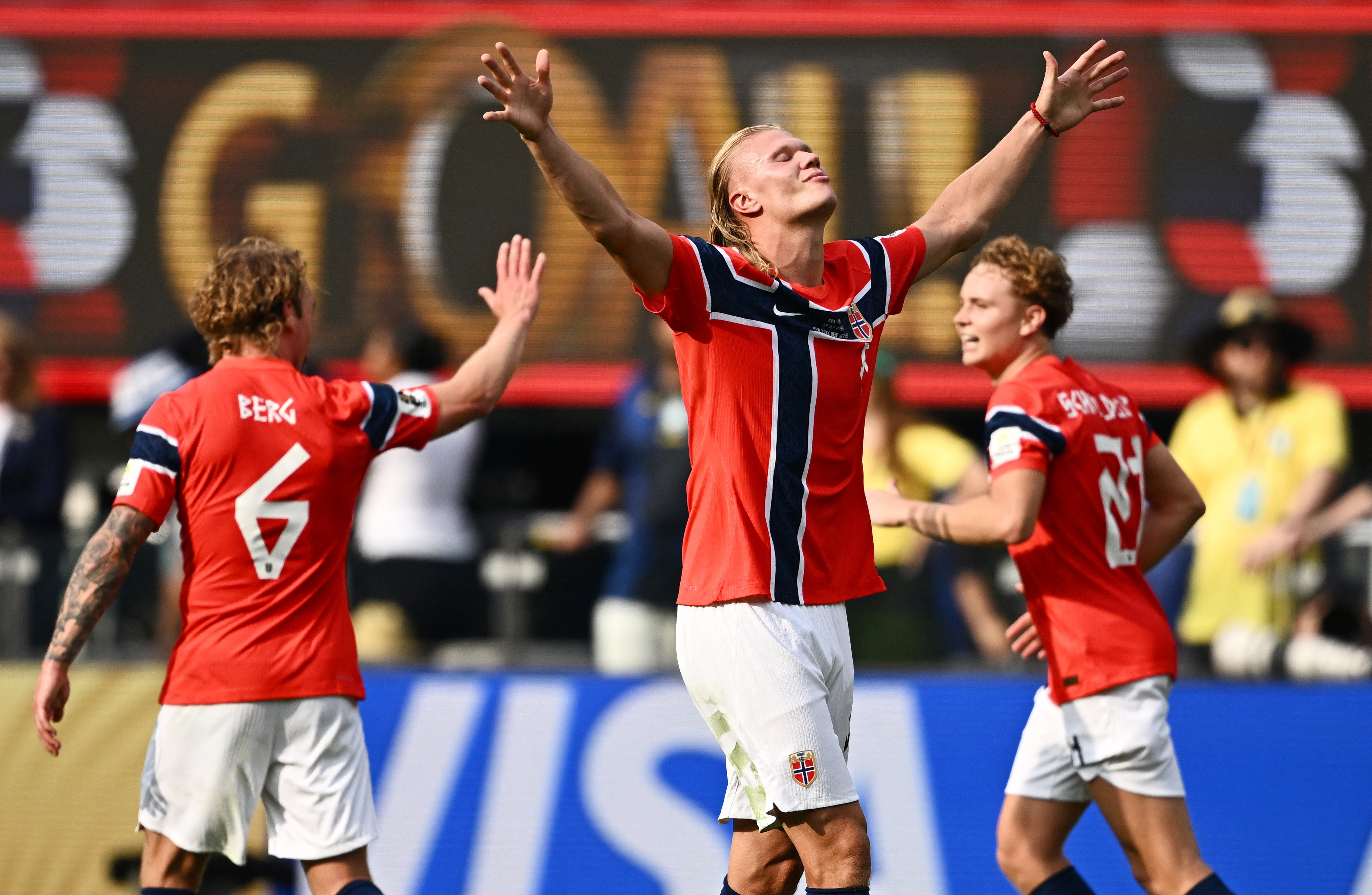 Soccer Football - FIFA World Cup 2026 - Round of 16 - Brazil v Norway - New York New Jersey Stadium, East Rutherford, New Jersey, U.S. - July 5, 2026 Norway's Erling Haaland celebrates scoring their second goal REUTERS/Dylan Martinez