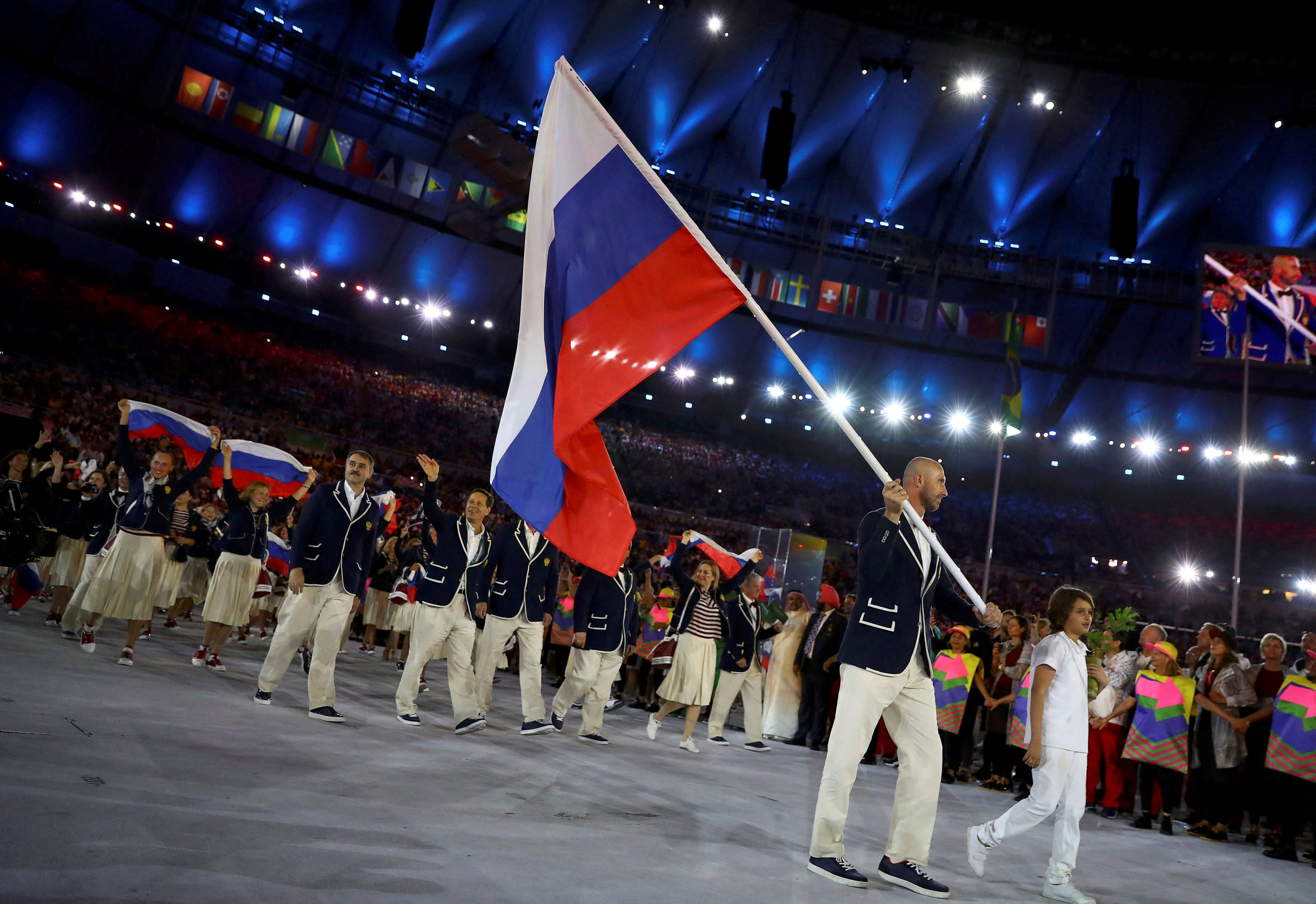 FILE PHOTO: 2016 Rio Olympics - Opening ceremony - Maracana - Rio de Janeiro, Brazil - 05/08/2016. Flagbearer Sergey Tetyukhin (RUS) of Russia arrives for the opening ceremony. REUTERS/Kai Pfaffenbach FOR EDITORIAL USE ONLY. NOT FOR SALE FOR MARKETING OR ADVERTISING CAMPAIGNS. Picture Supplied by Action Images/File Photo