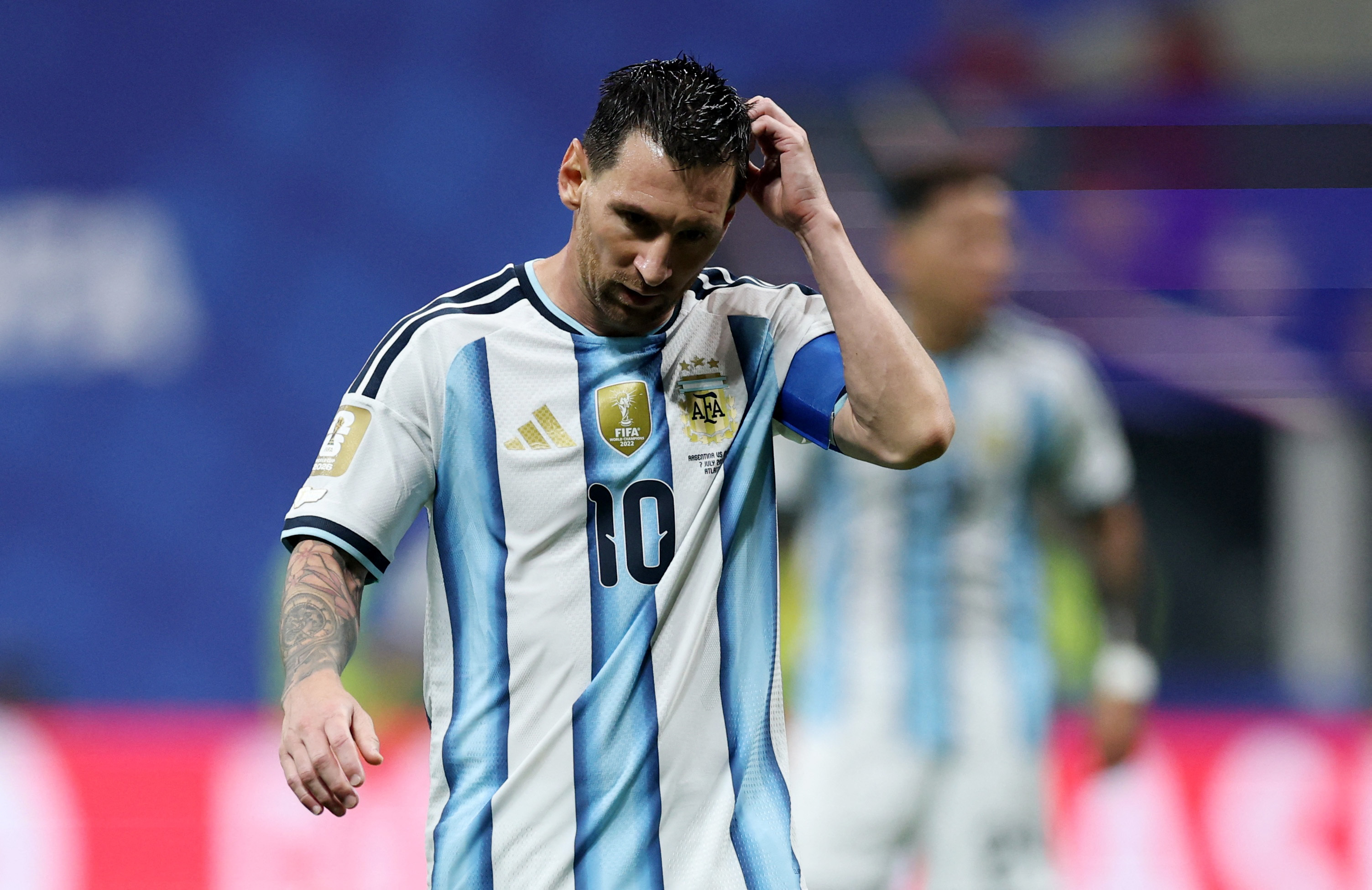Soccer Football - FIFA World Cup 2026 - Round of 16 - Argentina v Egypt - Atlanta Stadium, Atlanta, Georgia, U.S. - July 7, 2026 Argentina's Lionel Messi reacts after missing a chance to score REUTERS/Paul Childs