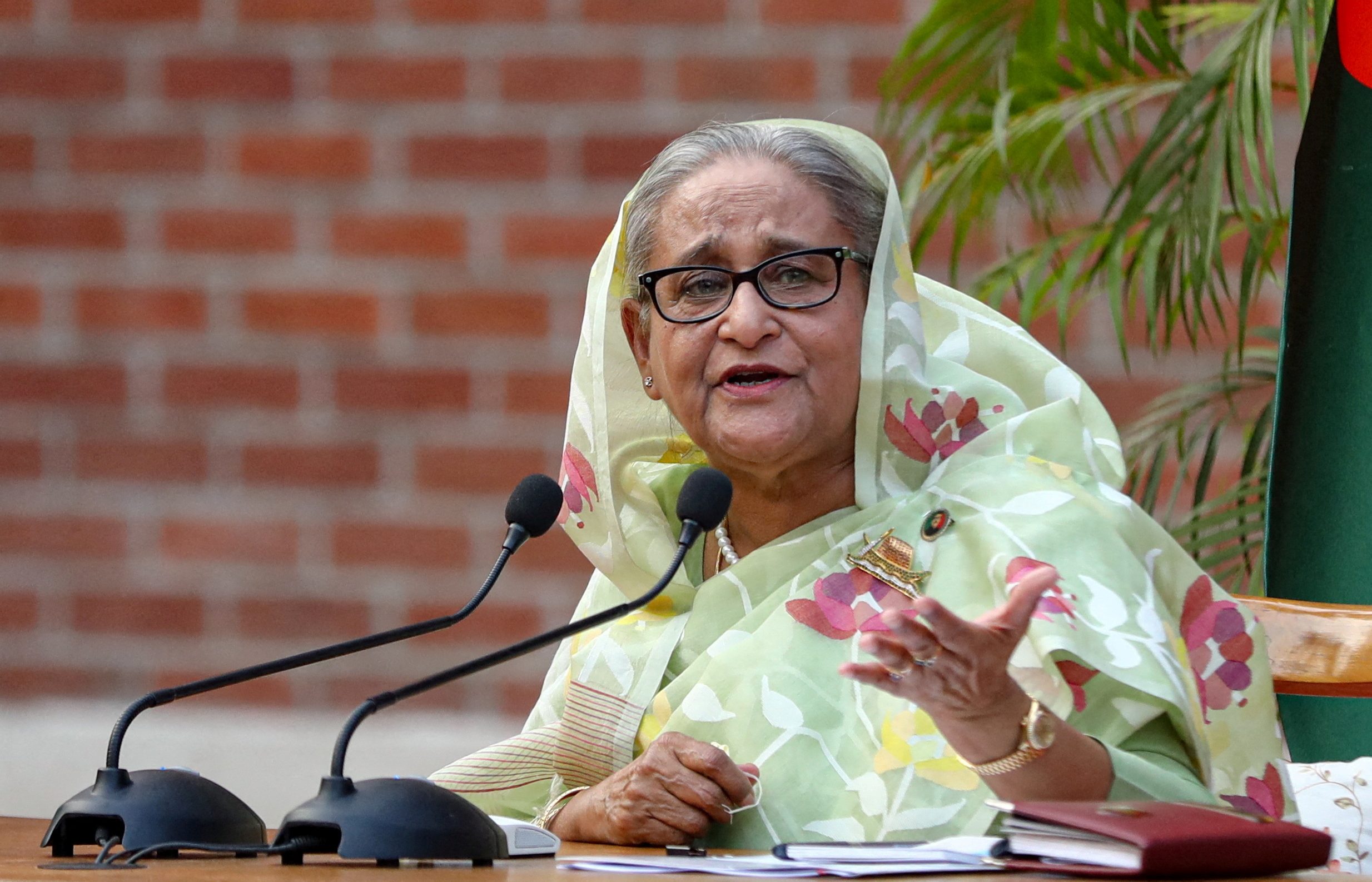 FILE PHOTO: Sheikh Hasina, the newly elected Prime Minister of Bangladesh and Chairperson of Bangladesh Awami League, speaks during a meeting with foreign observers and journalists at the Prime Minister's residence in Dhaka, Bangladesh, January 8, 2024. REUTERS/Mohammad Ponir Hossain/File Photo