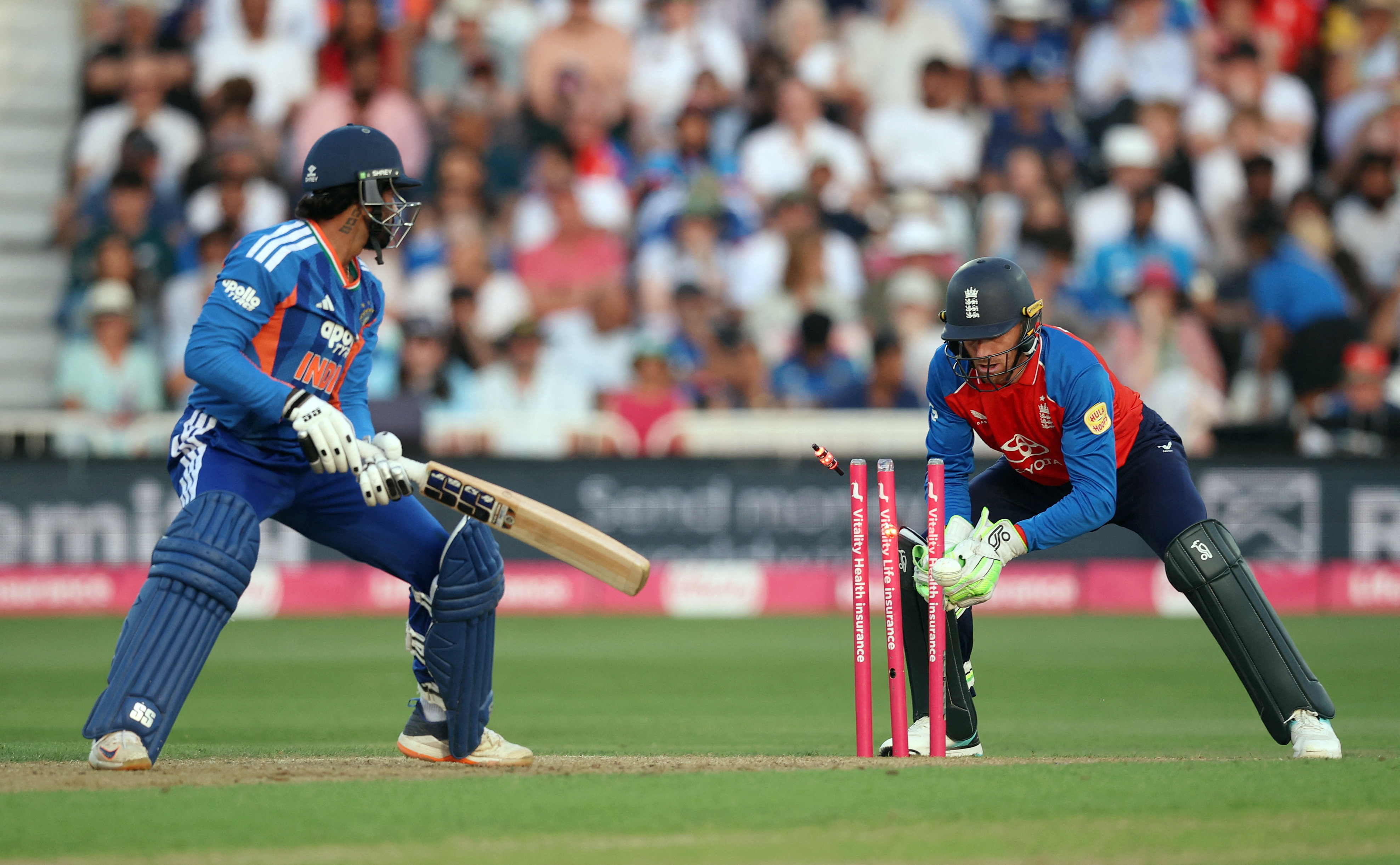 Cricket - Third T20 International - England v India - Trent Bridge Cricket Ground, Nottingham, Britain - July 7, 2026 India's Tilak Varma is stumped out by England's Jos Buttler off the bowling of England's Will Jacks Action Images via Reuters/Andrew Boyers