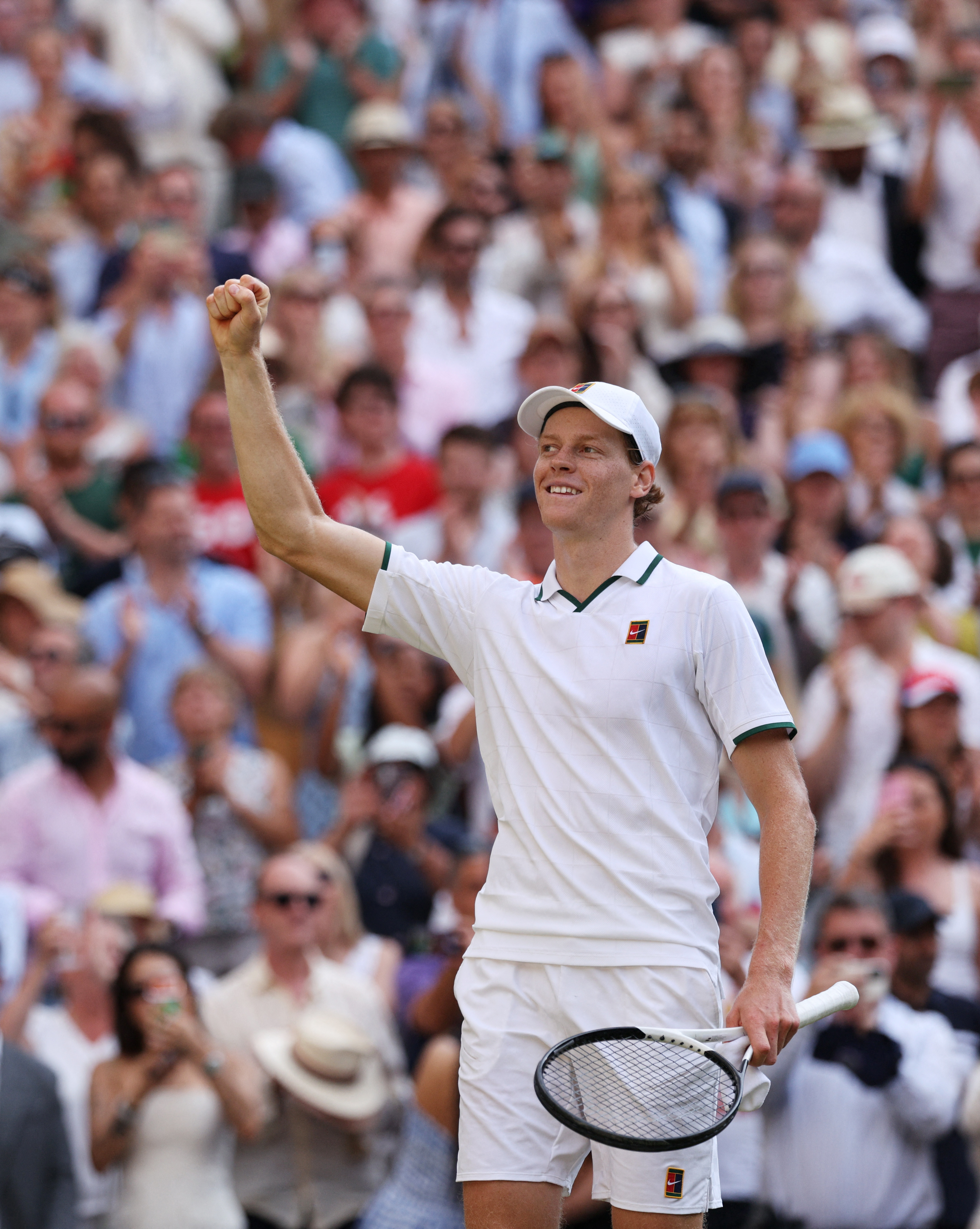 Tennis - Wimbledon - All England Lawn Tennis and Croquet Club, London, Britain - July 10, 2026 Italy's Jannik Sinner celebrates after winning his semi final match against Serbia's Novak Djokovic REUTERS/Marko Djurica