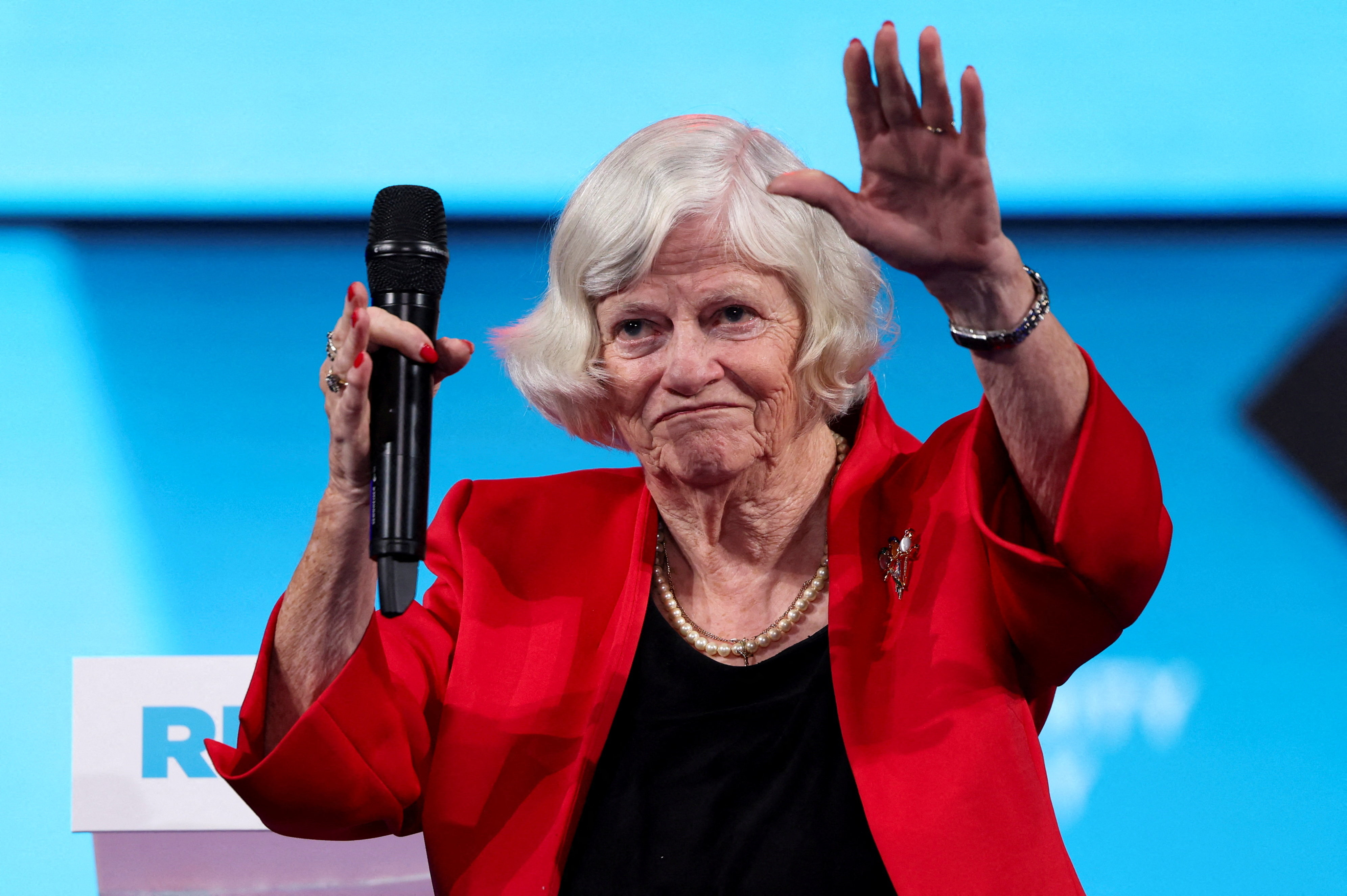 FILE PHOTO: Reform UK party member Ann Widdecombe gestures on stage at the Britain's Reform UK party's national conference in Birmingham, Britain, September 20, 2024. REUTERS/Hollie Adams/File Photo