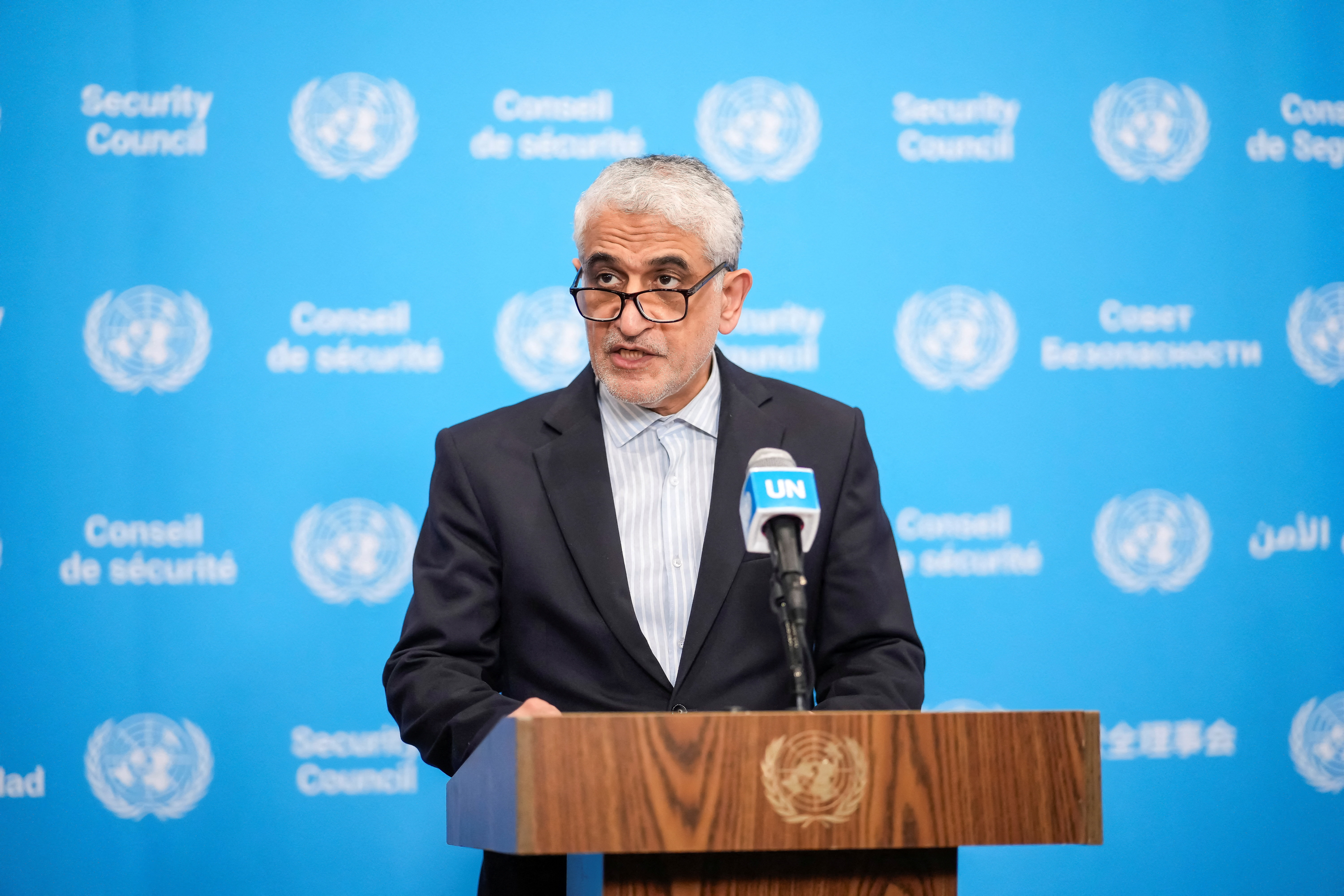 Amir-Saeid Iravani, Iran's Ambassador to the United Nations, speaks during a stakeout after the United Nations Security Council meeting on the situation in Iran, at United Nations headquarters in New York City, U.S., July 10, 2026. REUTERS/Eduardo Munoz