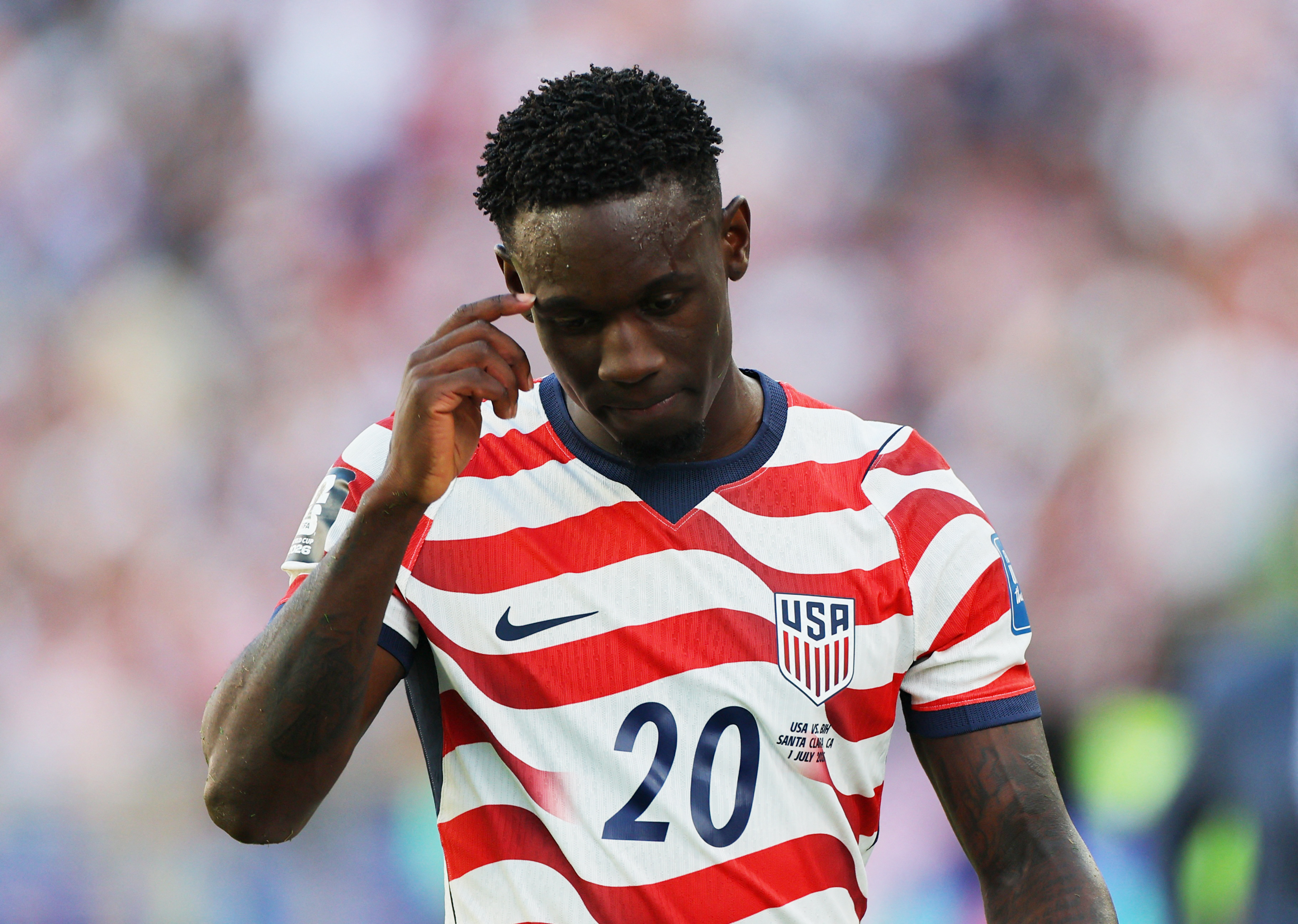 Soccer Football - FIFA World Cup 2026 - Round of 32 - United States v Bosnia and Herzegovina - San Francisco Bay Area Stadium, Santa Clara, California, U.S. - July 1, 2026 Folarin Balogun of the U.S. reacts after receiving a red card REUTERS/Carlos Barria