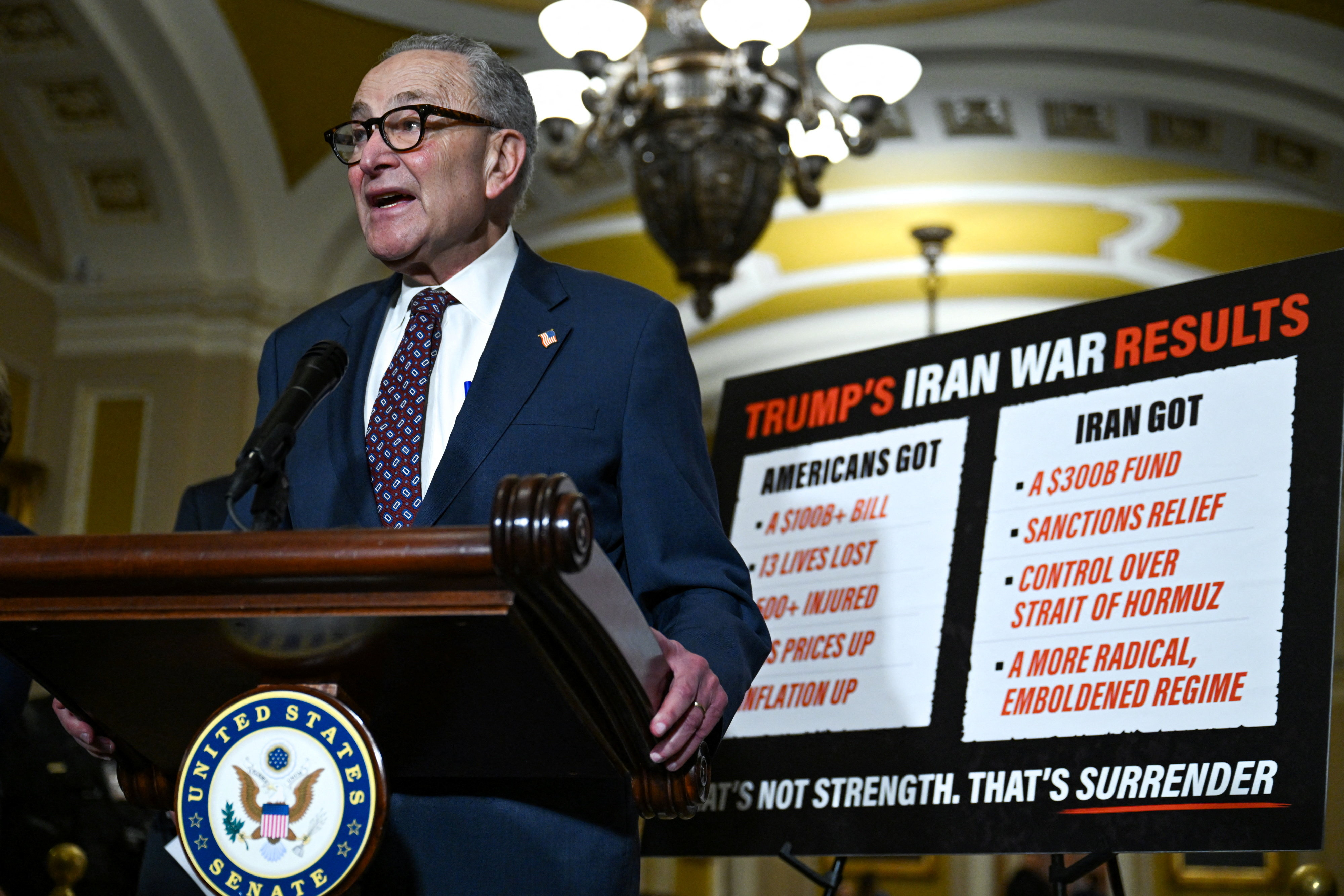 U.S. Senate Minority Leader Chuck Schumer (D-NY) speaks as Senate Democratic leaders hold a press conference following their weekly policy lunch on Capitol Hill in Washington, D.C., U.S., June 23, 2026. REUTERS/Annabelle Gordon