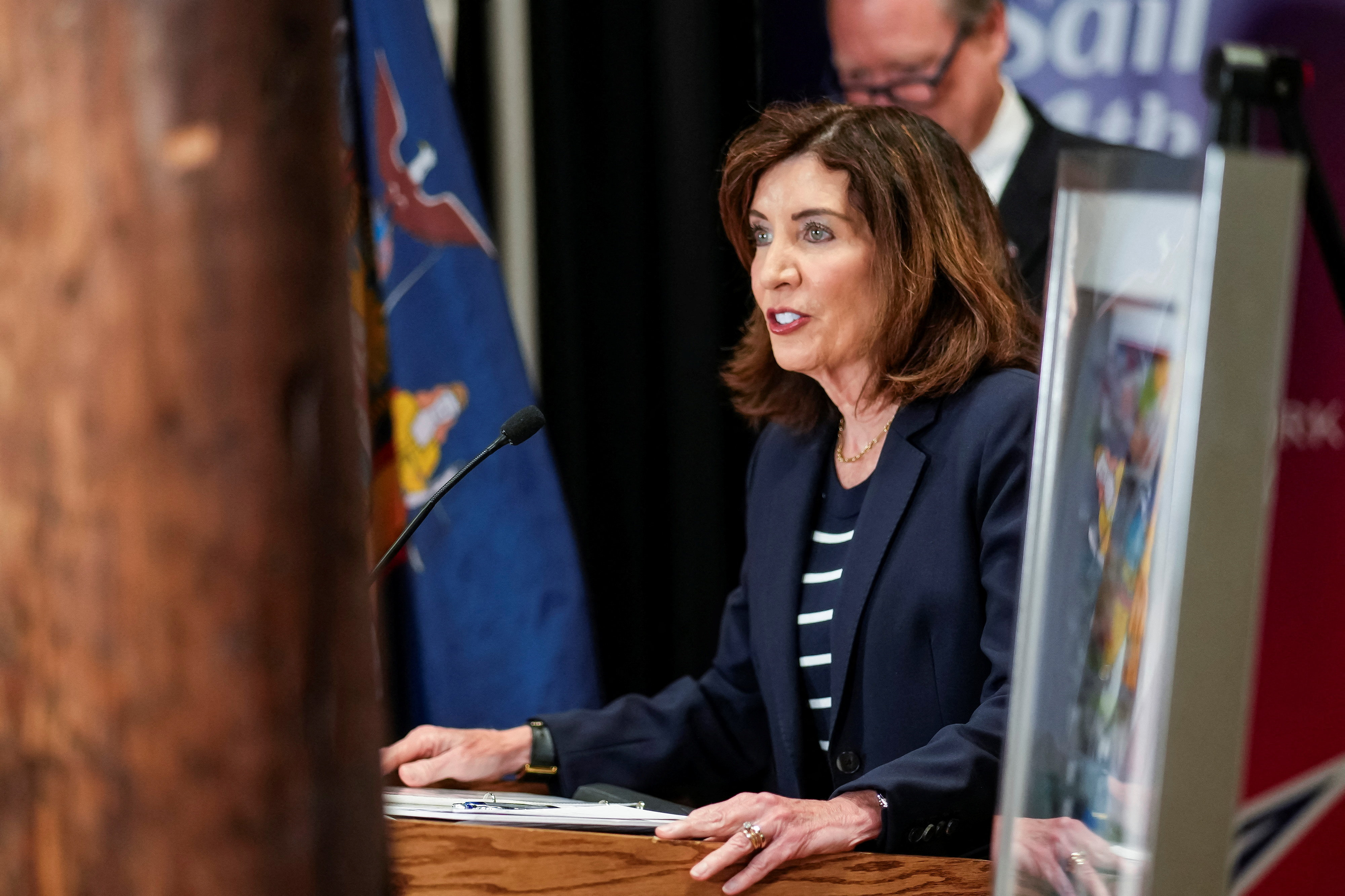New York Governor Kathy Hochul speaks during a press conference ahead of Sail4th 250 in New York City, U.S., June 28, 2026. REUTERS/Eduardo Munoz