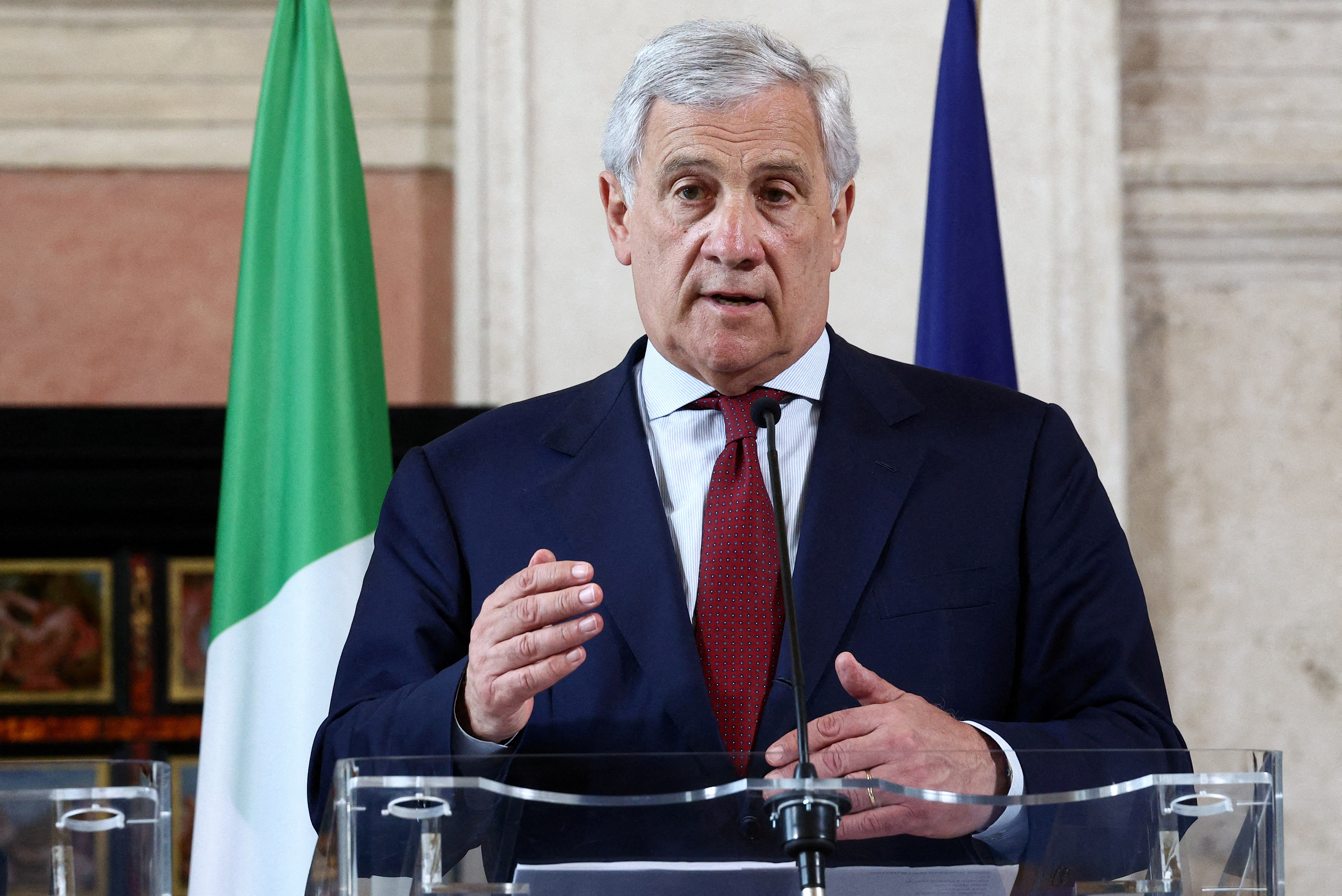 FILE PHOTO: Italian Foreign Minister Antonio Tajani attends a joint press conference, on the day of a meeting to discuss the latest developments in Ukraine and security in Europe, at Villa Madama in Rome, Italy, June 12, 2025. REUTERS/Guglielmo Mangiapane/File Photo