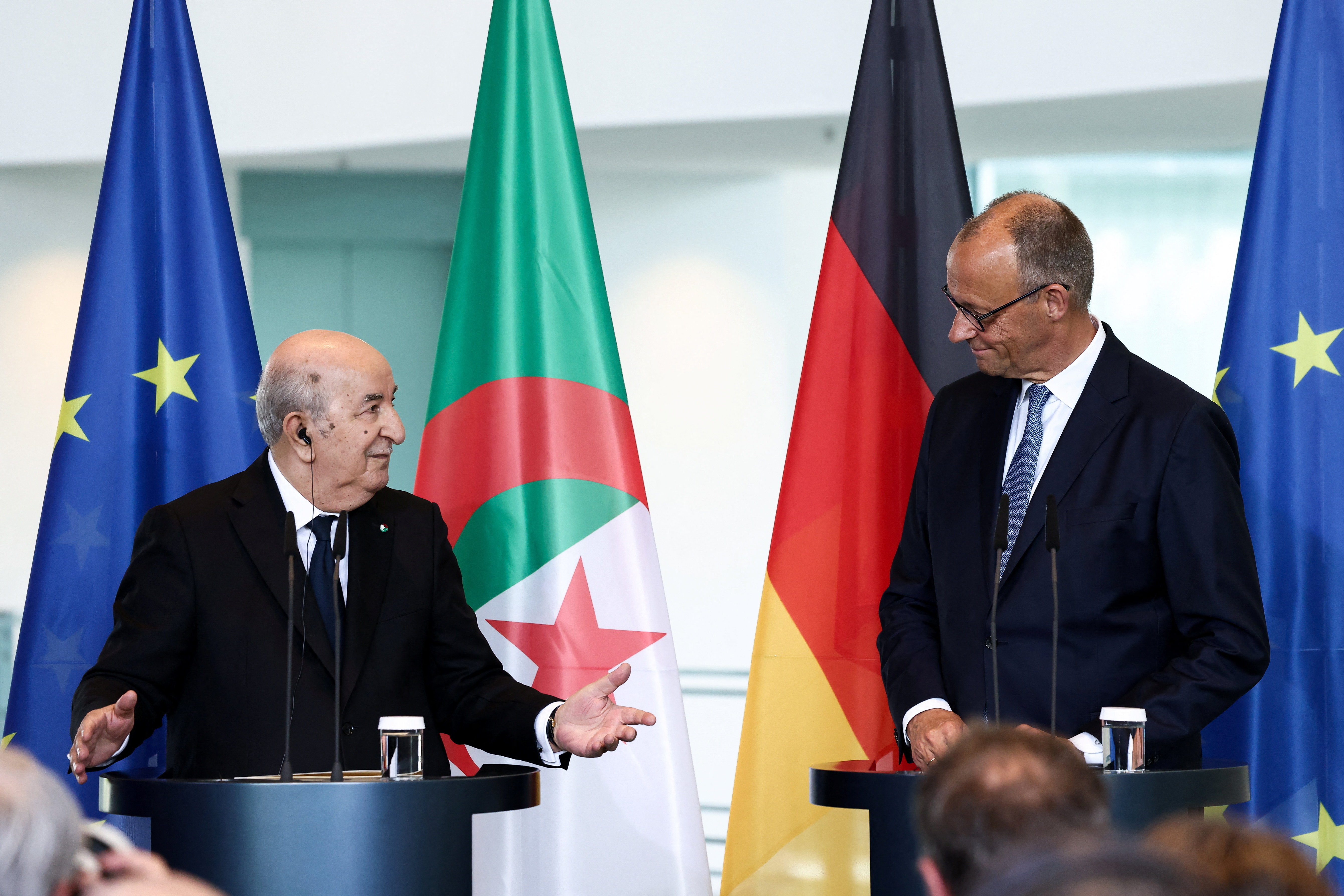Algerian President Abdelmadjid Tebboune speaks during a joint press conference with German Chancellor Friedrich Merz, at the Chancellery in Berlin, Germany, July 16, 2026. REUTERS/Nadja Wohlleben