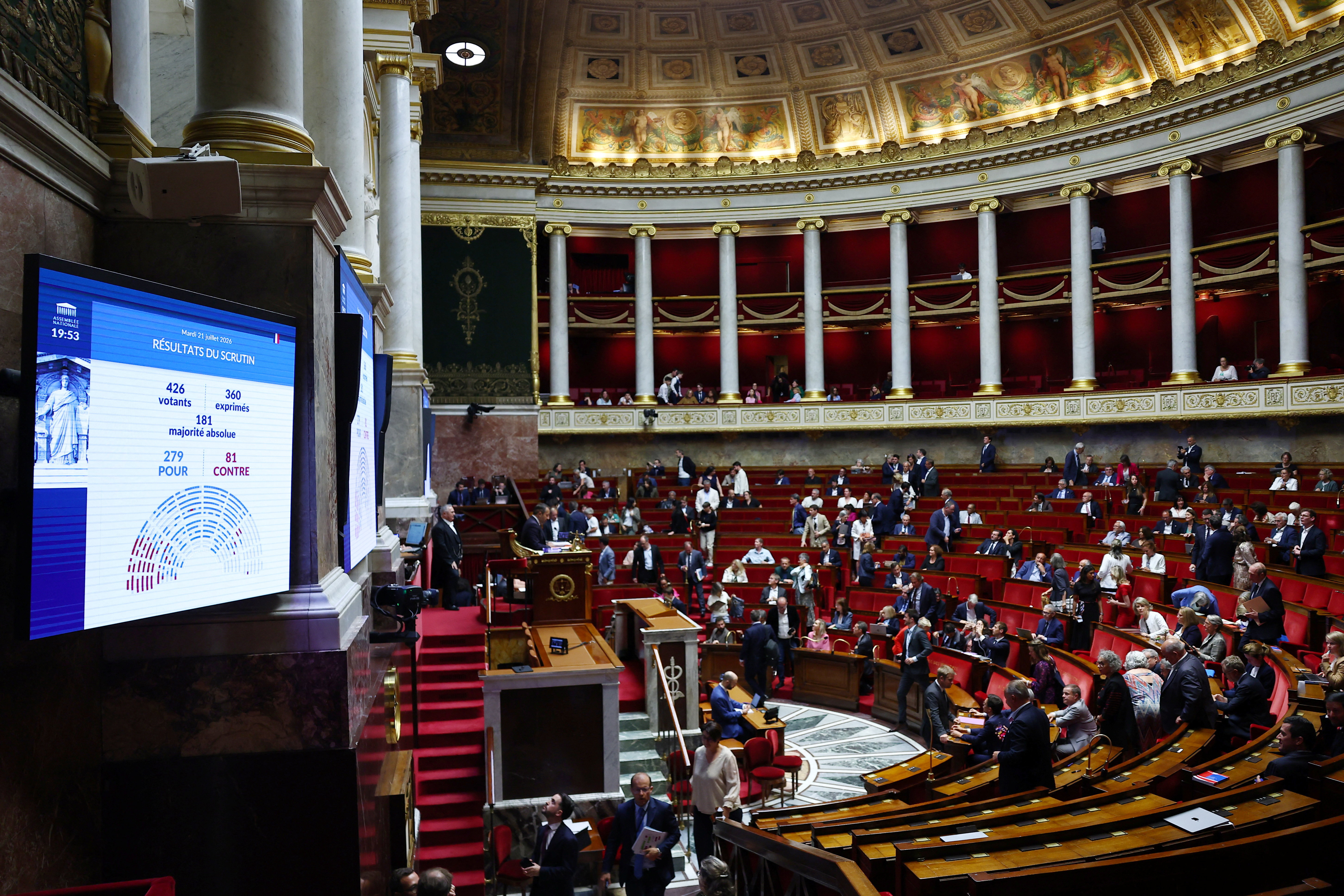 A screen shows the result of a vote on the bill that aims to ban social media access for children under the age of 15, at the National Assembly in Paris, France, July 21, 2026. REUTERS/Abdul Saboor