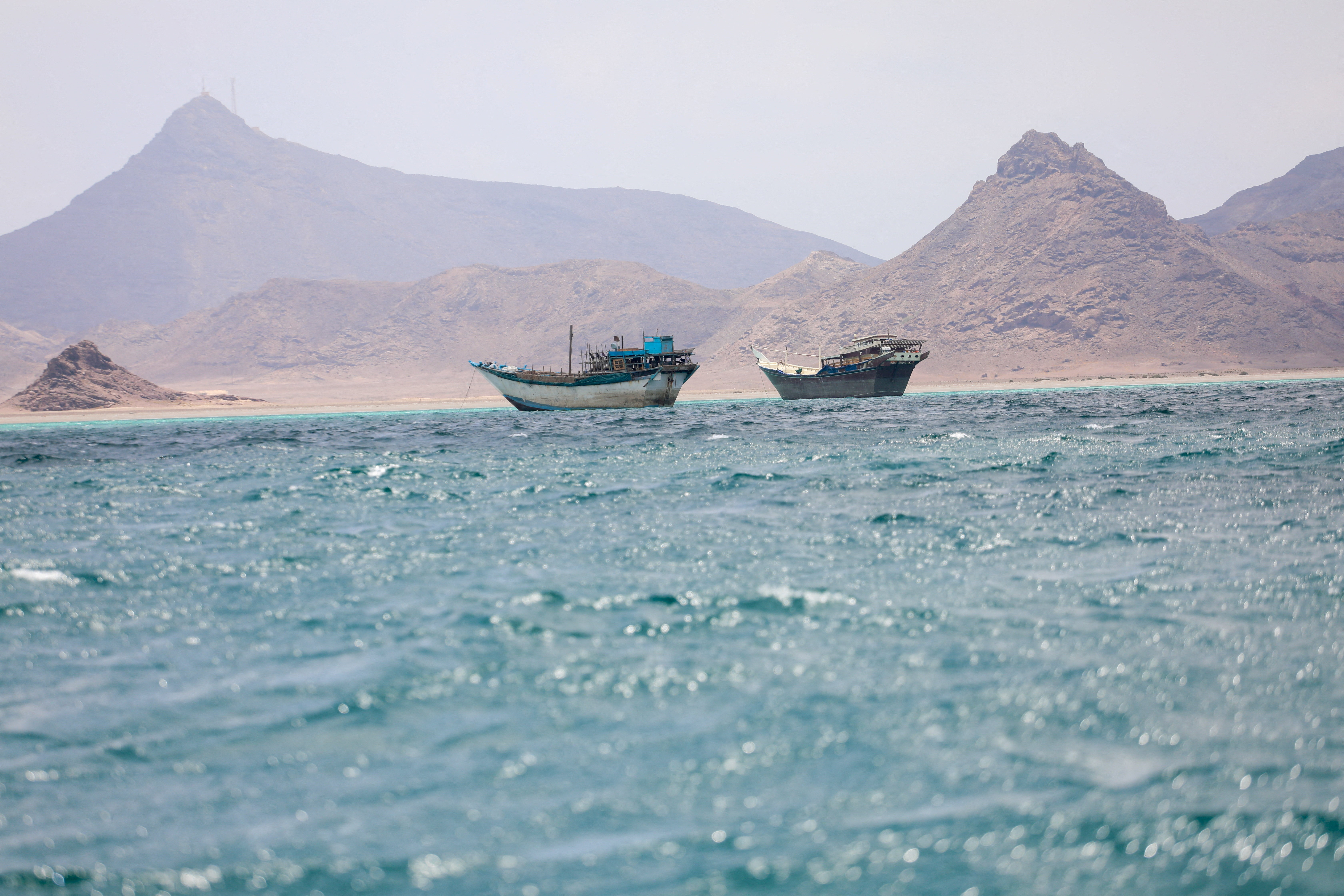 FILE PHOTO: FILE PHOTO: Boats float near the coast of Bab el-Mandeb, Yemen, April 2, 2026. REUTERS/File Photo/File Photo