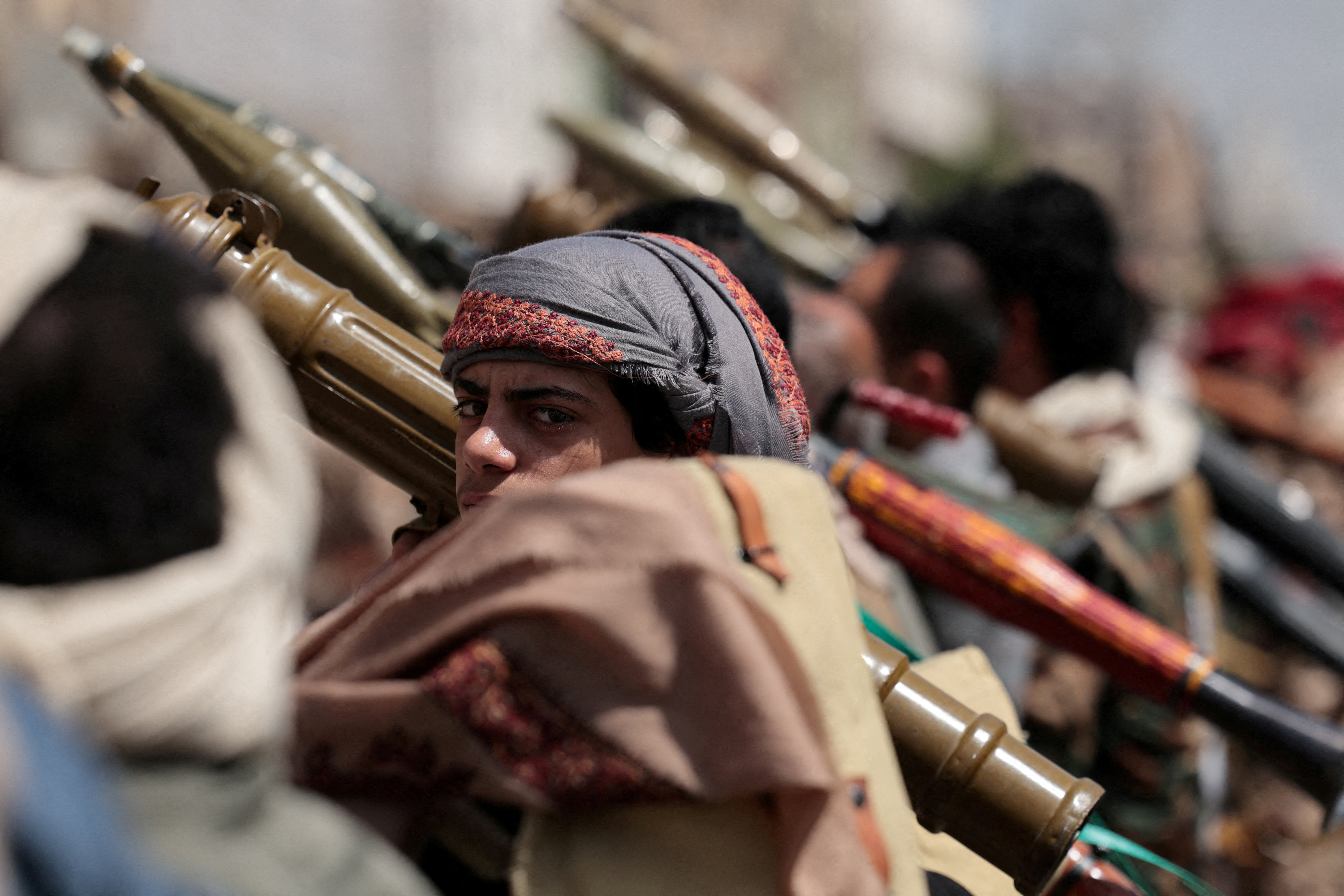 FILE PHOTO: A Houthi follower looks on, during a pro-Iran demonstration, as the U.S.-Israel conflict with Iran continues, in Sanaa, Yemen April 6, 2026. REUTERS/Khaled Abdullah/File Photo