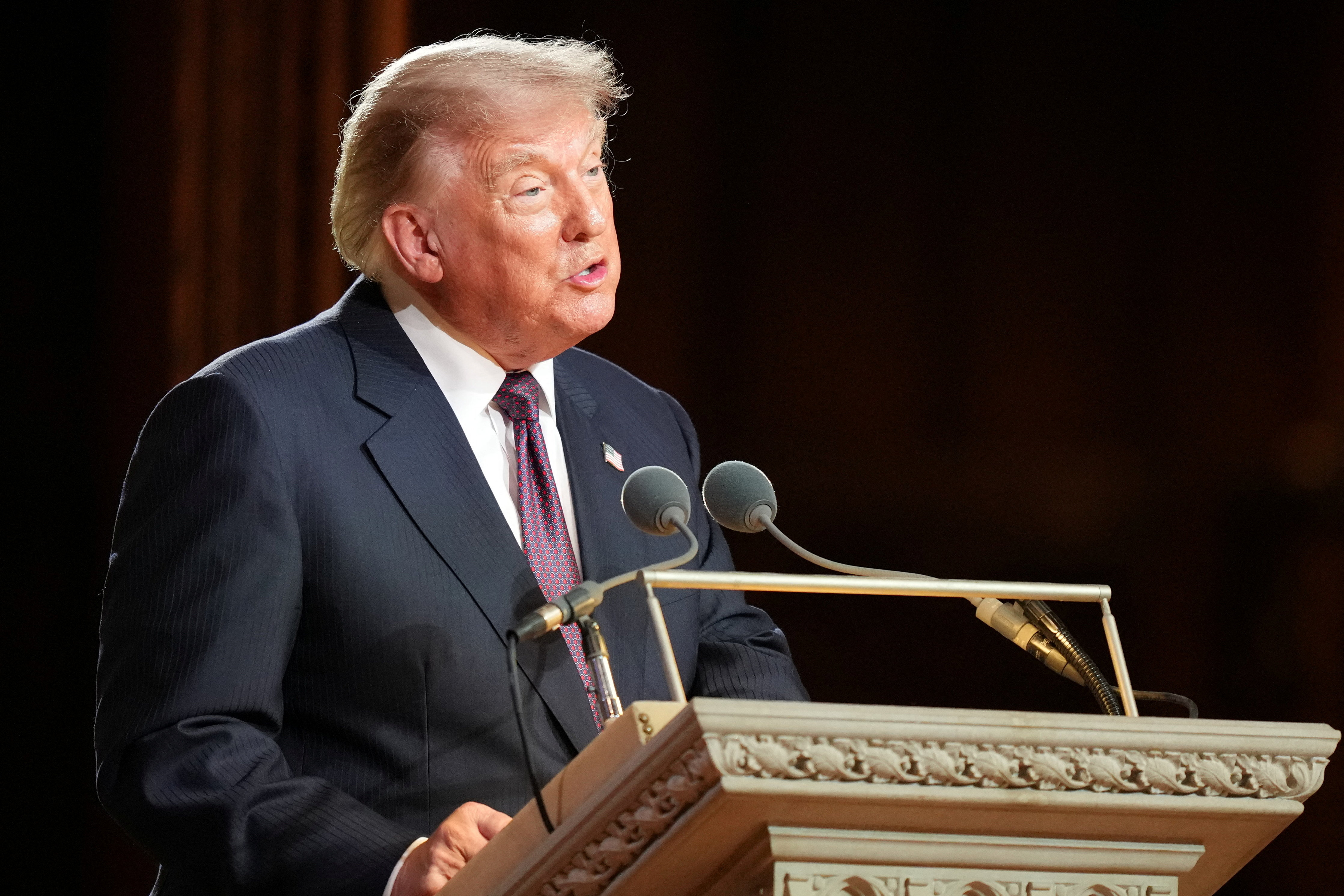President Donald Trump speaks at the funeral of Sen. Lindsey Graham, R-S.C., at the Washington National Cathedral, Tuesday, July 28, 2026, in Washington. Alex Brandon/Pool via REUTERS