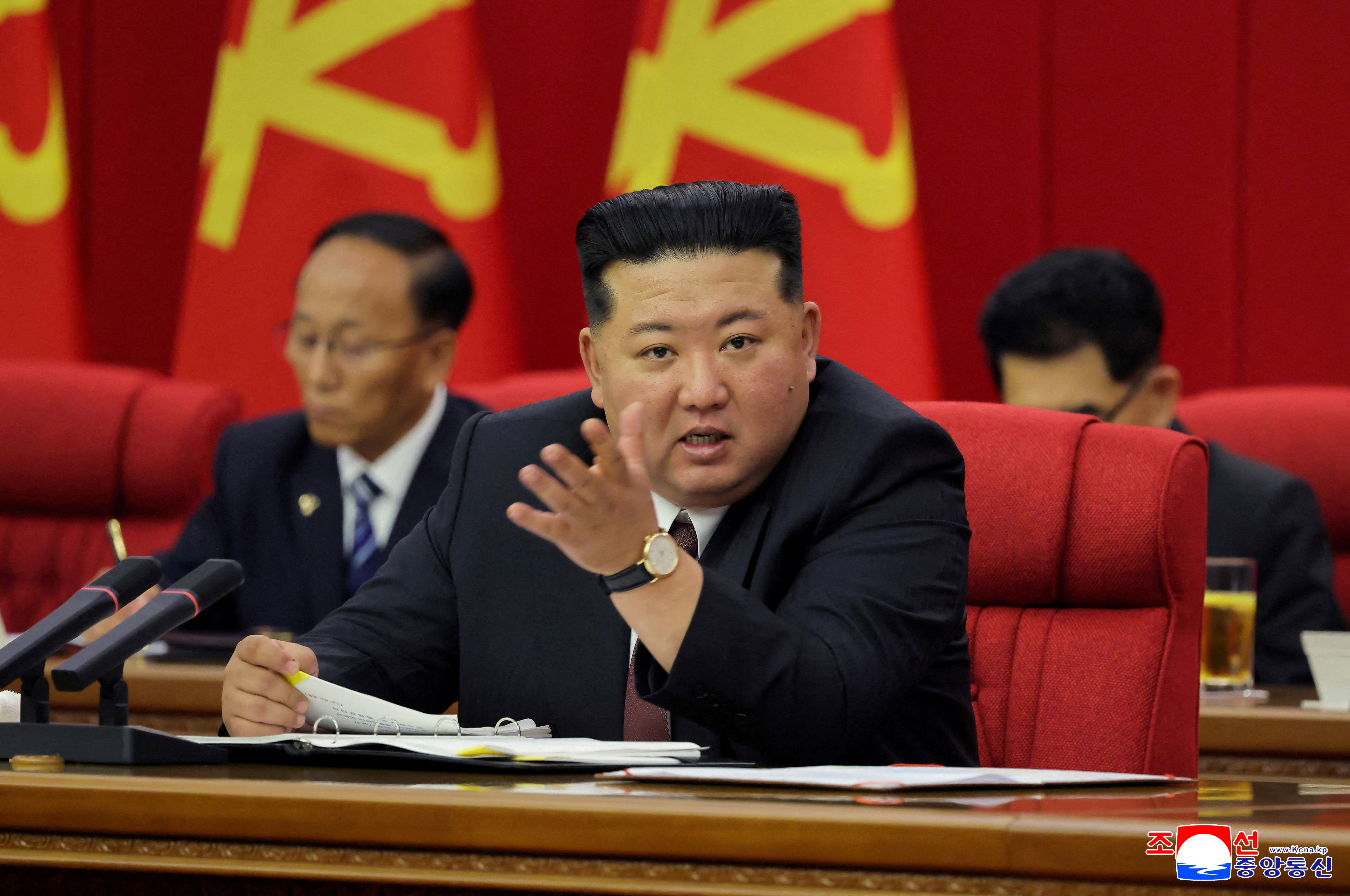 FILE PHOTO: North Korean leader Kim Jong Un speaks during the second plenary meeting of the Ninth Central Committee of the Workers' Party of Korea (WPK), in Pyongyang, North Korea, in this picture released June 23, 2026, by North Korea's official Korean Central News Agency. KCNA via REUTERS ATTENTION EDITORS - THIS IMAGE WAS PROVIDED BY A THIRD PARTY. REUTERS IS UNABLE TO INDEPENDENTLY VERIFY THIS IMAGE. NO THIRD PARTY SALES. SOUTH KOREA OUT. NO COMMERCIAL OR EDITORIAL SALES IN SOUTH KOREA./File Photo