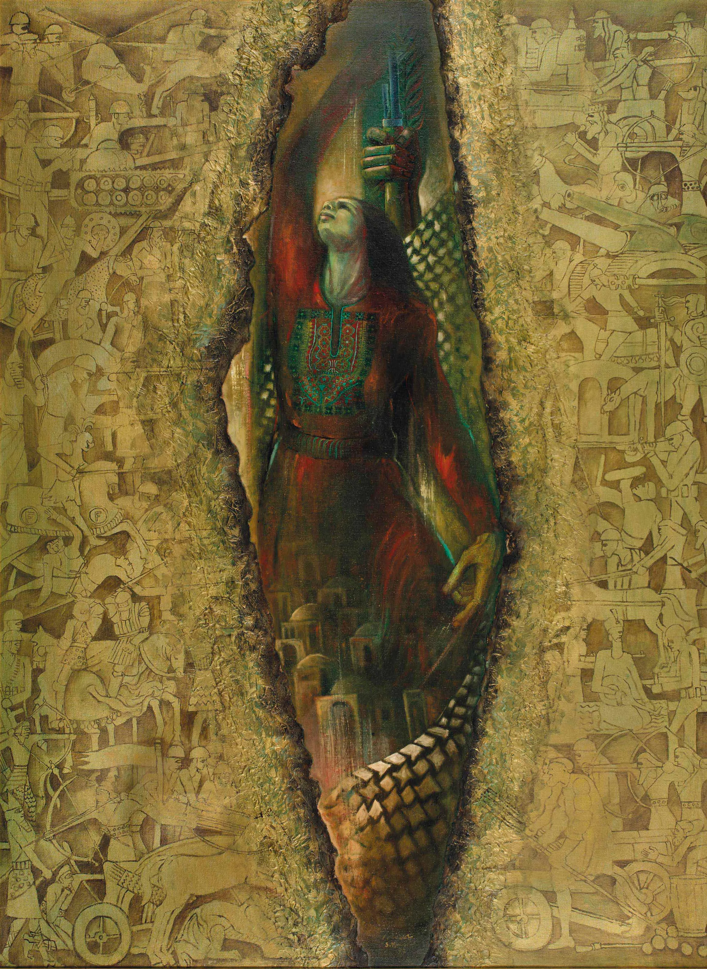 A painting titled “The Renaissance,” 1977, depicts an emerging woman triumphantly from a map of the historic Holy Land, a symbol of resurrection and the Palestinian narrative of revolutionary revival. Details such as traditional dress, a hand holding a rifle, and depictions of houses and walls of Old Jerusalem underscore the deep roots and enduring foundations of the Palestinian people. (Al Jazeera, 