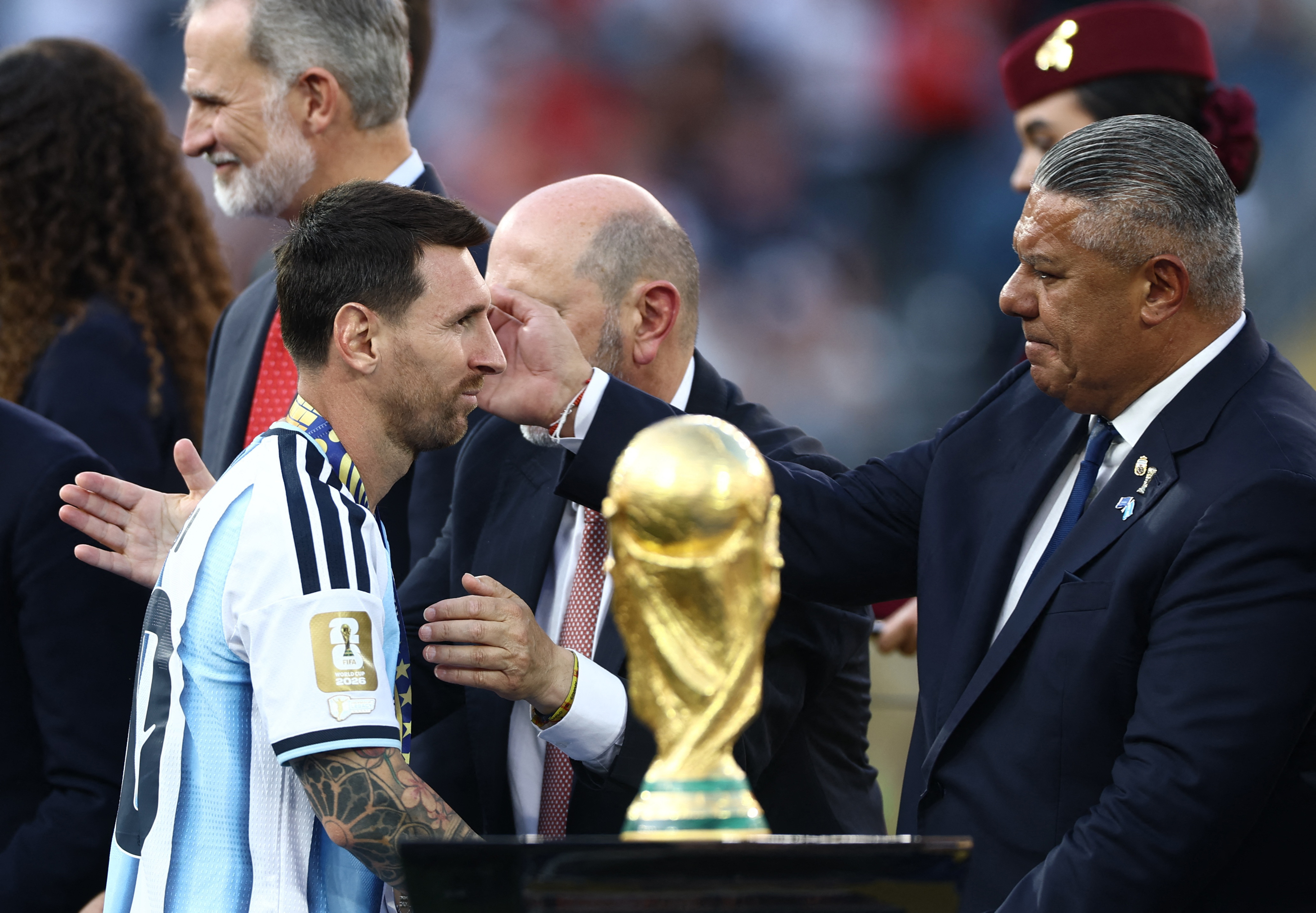 Argentina's Lionel Messi with Argentine Football Association President Claudio Tapia during the World Cup 2026 trophy presentation