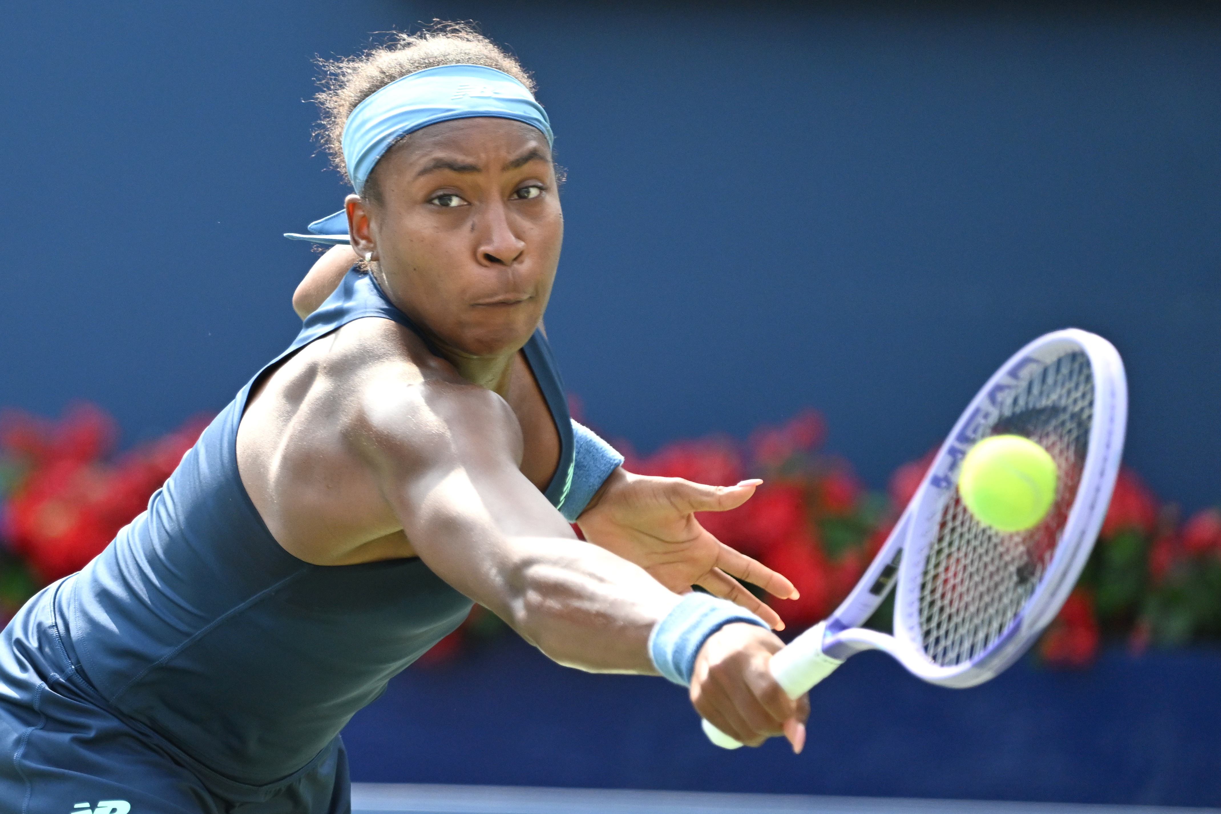 Coco Gauff plays a shot against Alina Korneeva during their fourth round match at Sobeys Stadium in Toronto, on August 9, 2026