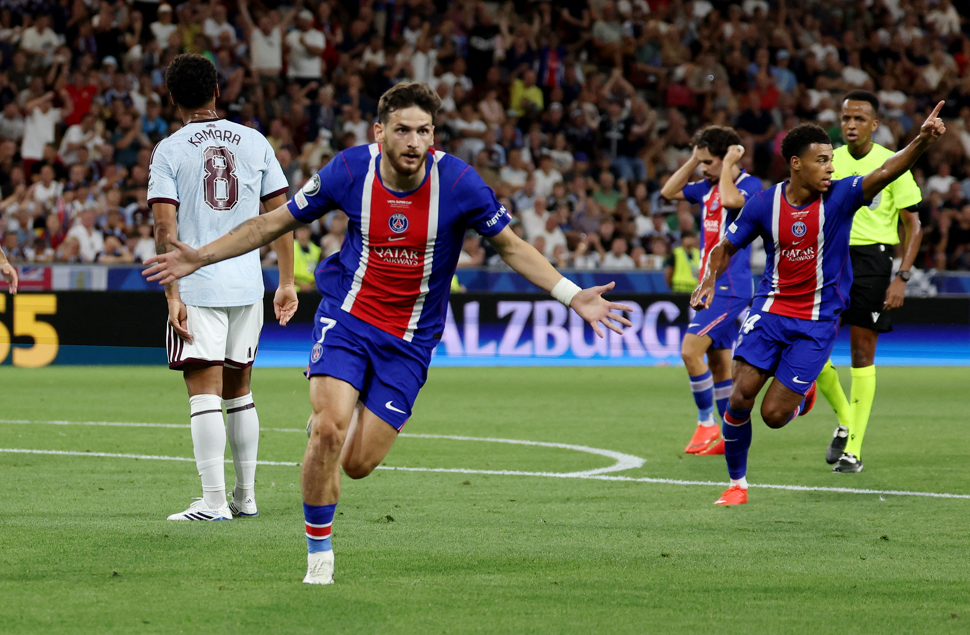 Paris St Germain's Khvicha Kvaratskhelia celebrates scoring their first goal